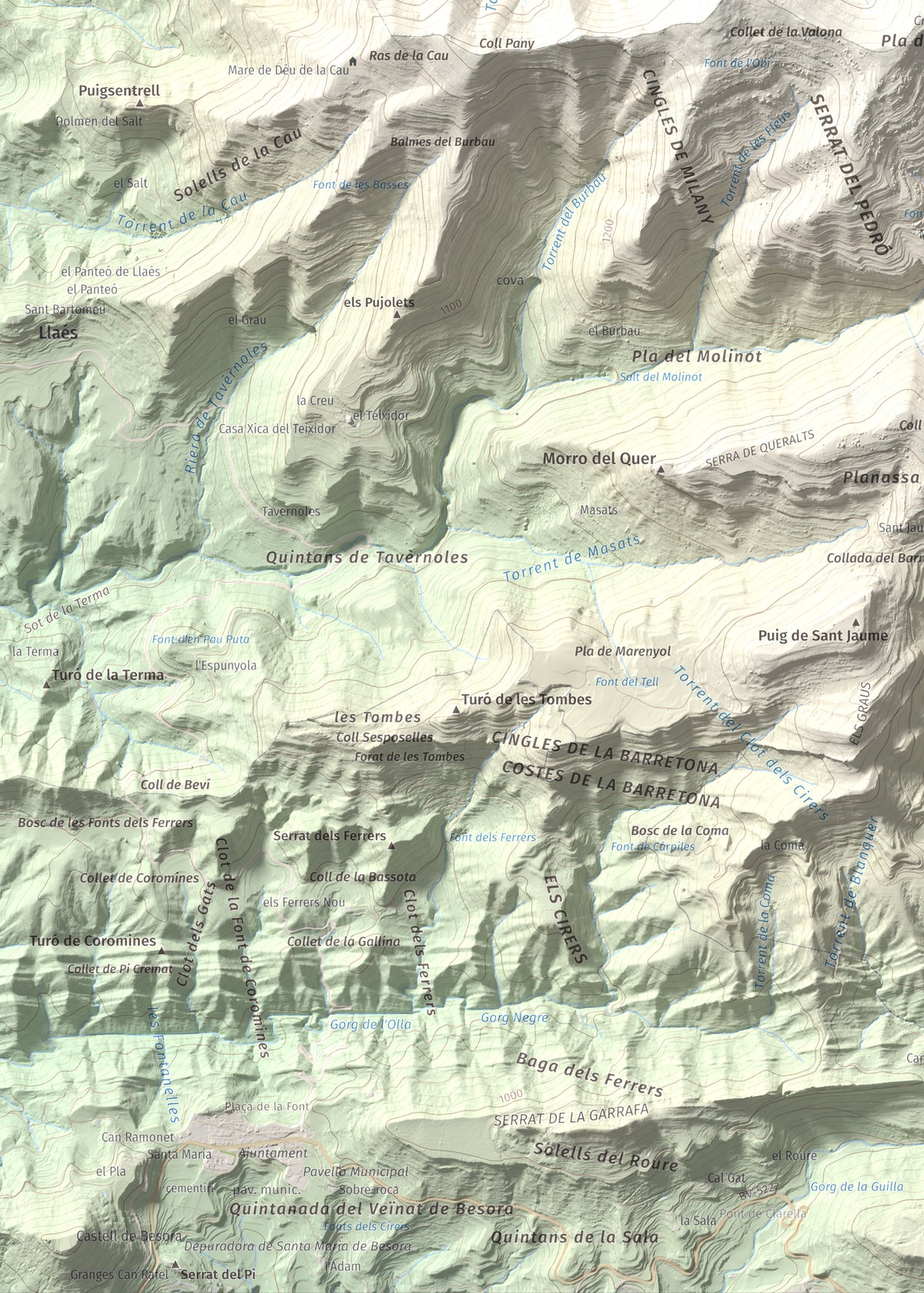 Mapa de relieve de Castell de Milany, 1529 m, Osona · Ripollès, lámina 100 Cims de Trobart. Detalle de la zona inferior izquierda. 50 × 70 cm.