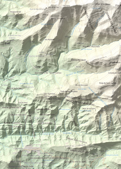 Mapa de relieve de Castell de Milany, 1529 m, Osona · Ripollès, lámina 100 Cims de Trobart. Detalle de la zona inferior izquierda. 50 × 70 cm.