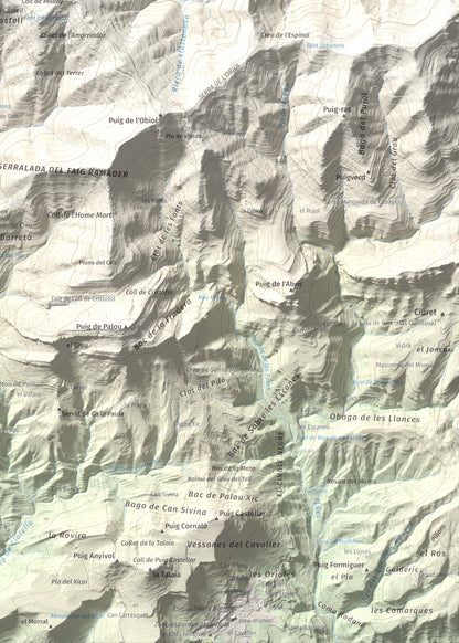 Mapa de relieve de Castell de Milany, 1529 m, Osona · Ripollès, lámina 100 Cims de Trobart. Detalle de la zona inferior derecha. 50 × 70 cm.
