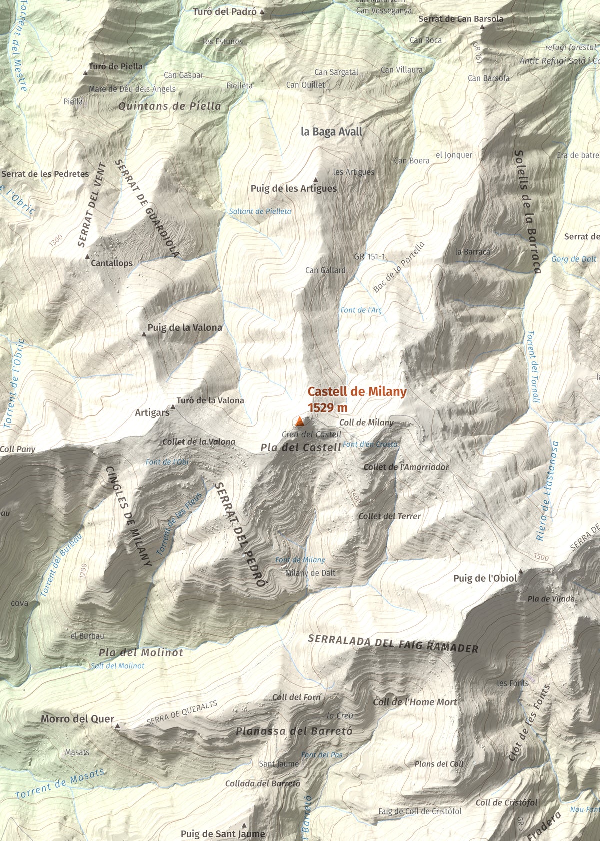 Mapa de relieve de Castell de Milany, 1529 m, Osona · Ripollès, lámina 100 Cims de Trobart. Detalle de la zona central. 50 × 70 cm.