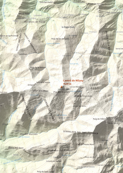 Mapa de relieve de Castell de Milany, 1529 m, Osona · Ripollès, lámina 100 Cims de Trobart. Detalle de la zona central. 50 × 70 cm.