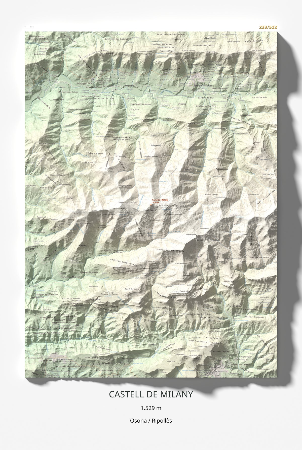 Mapa de relieve de Castell de Milany, 1529 m, Osona · Ripollès, lámina 100 Cims de Trobart 61 × 91 cm.