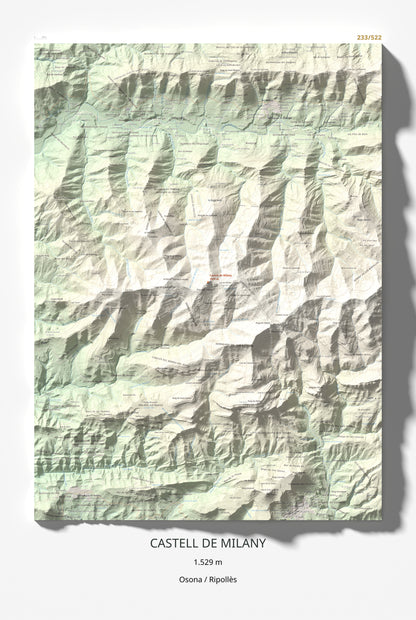 Mapa de relieve de Castell de Milany, 1529 m, Osona · Ripollès, lámina 100 Cims de Trobart 61 × 91 cm.