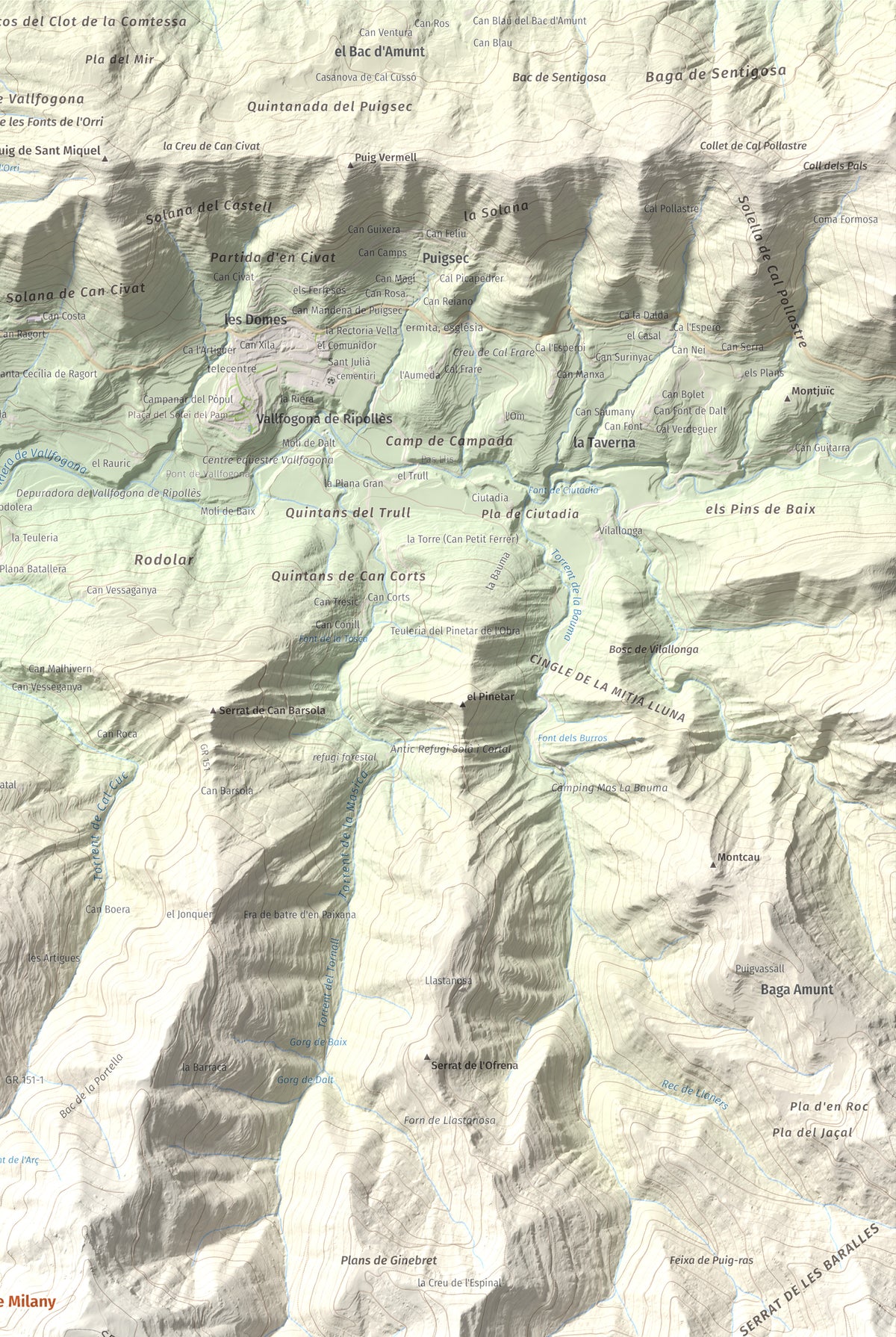 Mapa de relieve de Castell de Milany, 1529 m, Osona · Ripollès, lámina 100 Cims de Trobart. Detalle de la zona superior derecha. 61 × 91 cm.