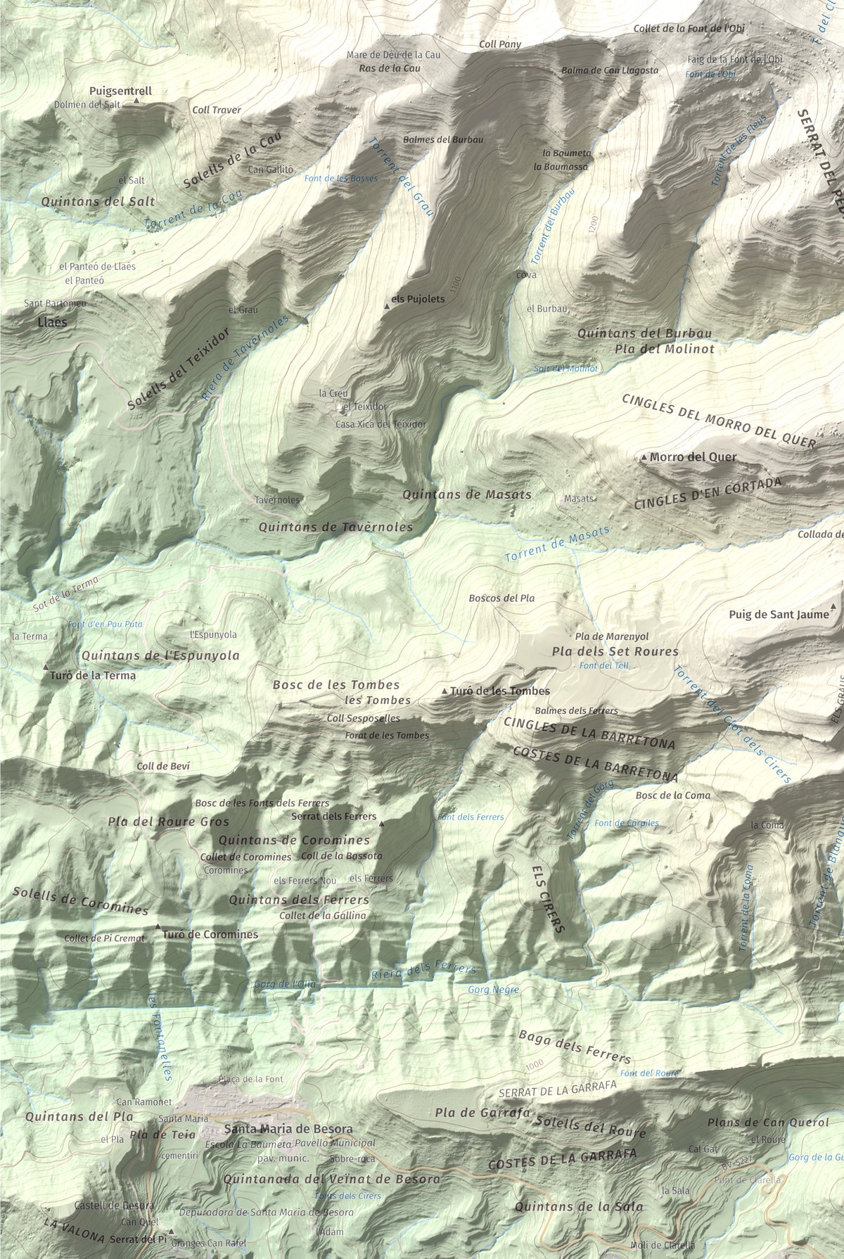 Mapa de relieve de Castell de Milany, 1529 m, Osona · Ripollès, lámina 100 Cims de Trobart. Detalle de la zona inferior izquierda. 61 × 91 cm.