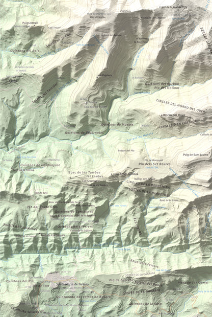 Mapa de relieve de Castell de Milany, 1529 m, Osona · Ripollès, lámina 100 Cims de Trobart. Detalle de la zona inferior izquierda. 61 × 91 cm.