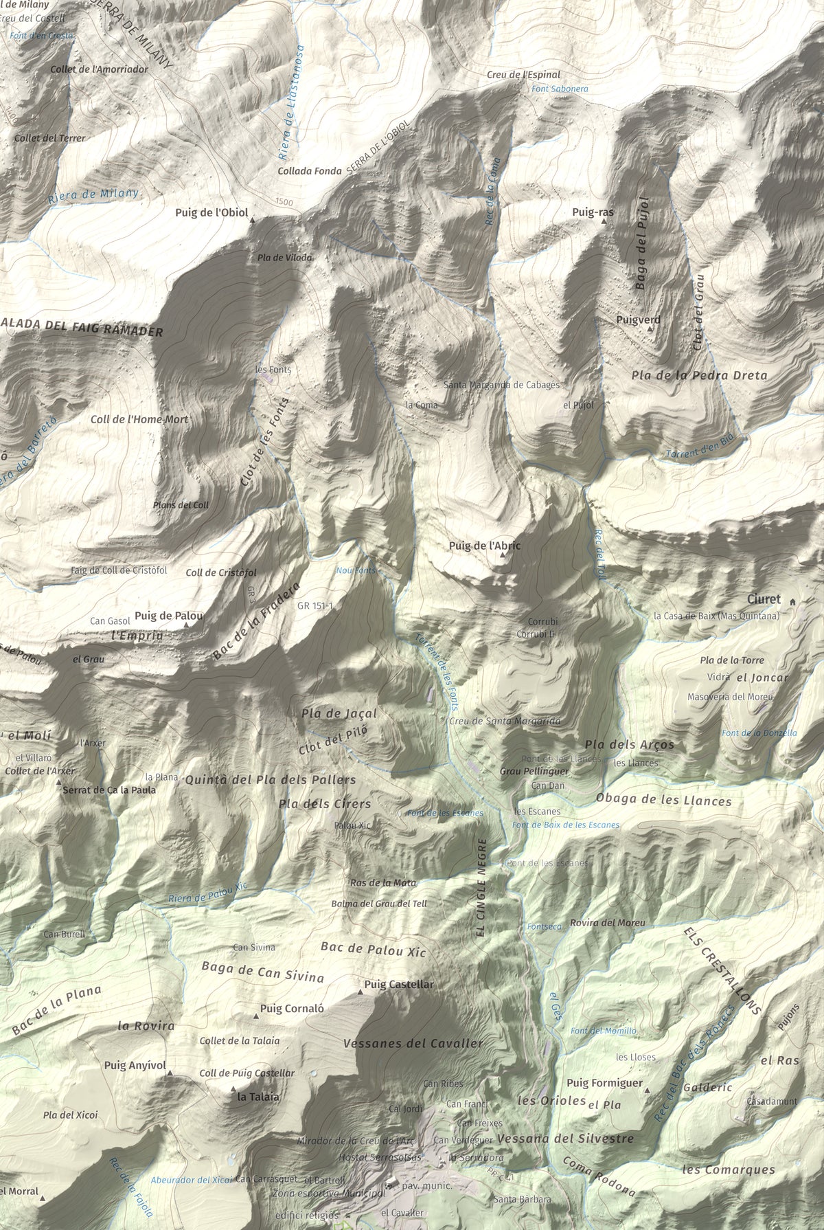 Mapa de relieve de Castell de Milany, 1529 m, Osona · Ripollès, lámina 100 Cims de Trobart. Detalle de la zona inferior derecha. 61 × 91 cm.
