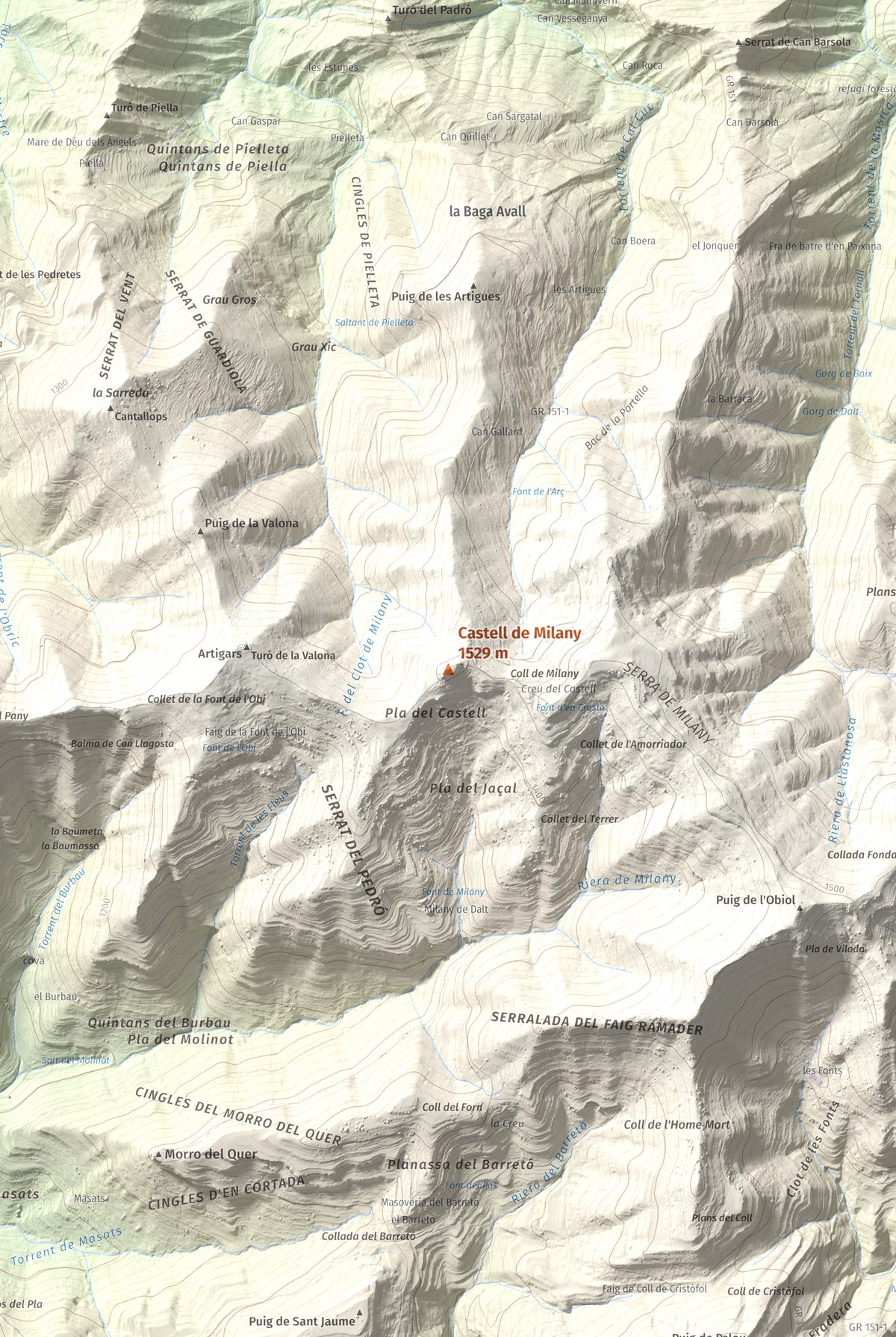 Mapa de relieve de Castell de Milany, 1529 m, Osona · Ripollès, lámina 100 Cims de Trobart. Detalle de la zona central. 61 × 91 cm.