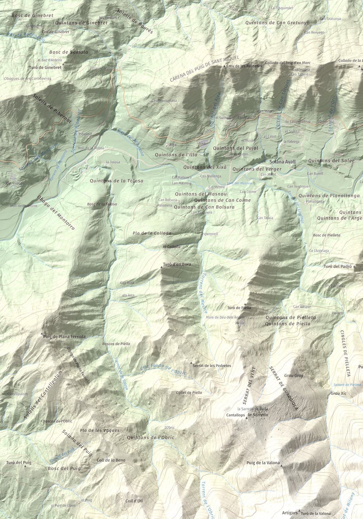 Mapa de relieve de Castell de Milany, 1529 m, Osona · Ripollès, lámina 100 Cims de Trobart. Detalle de la zona superior izquierda. 70 × 100 cm.