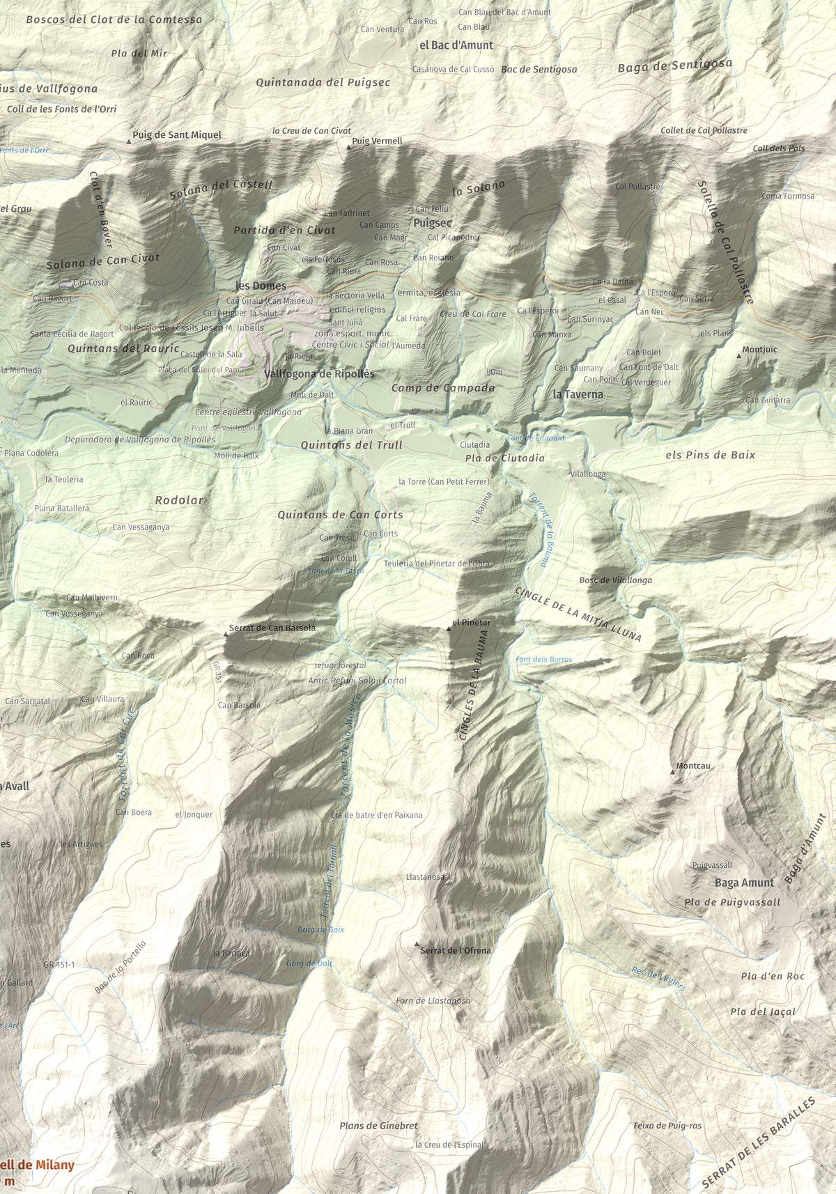 Mapa de relieve de Castell de Milany, 1529 m, Osona · Ripollès, lámina 100 Cims de Trobart. Detalle de la zona superior derecha. 70 × 100 cm.