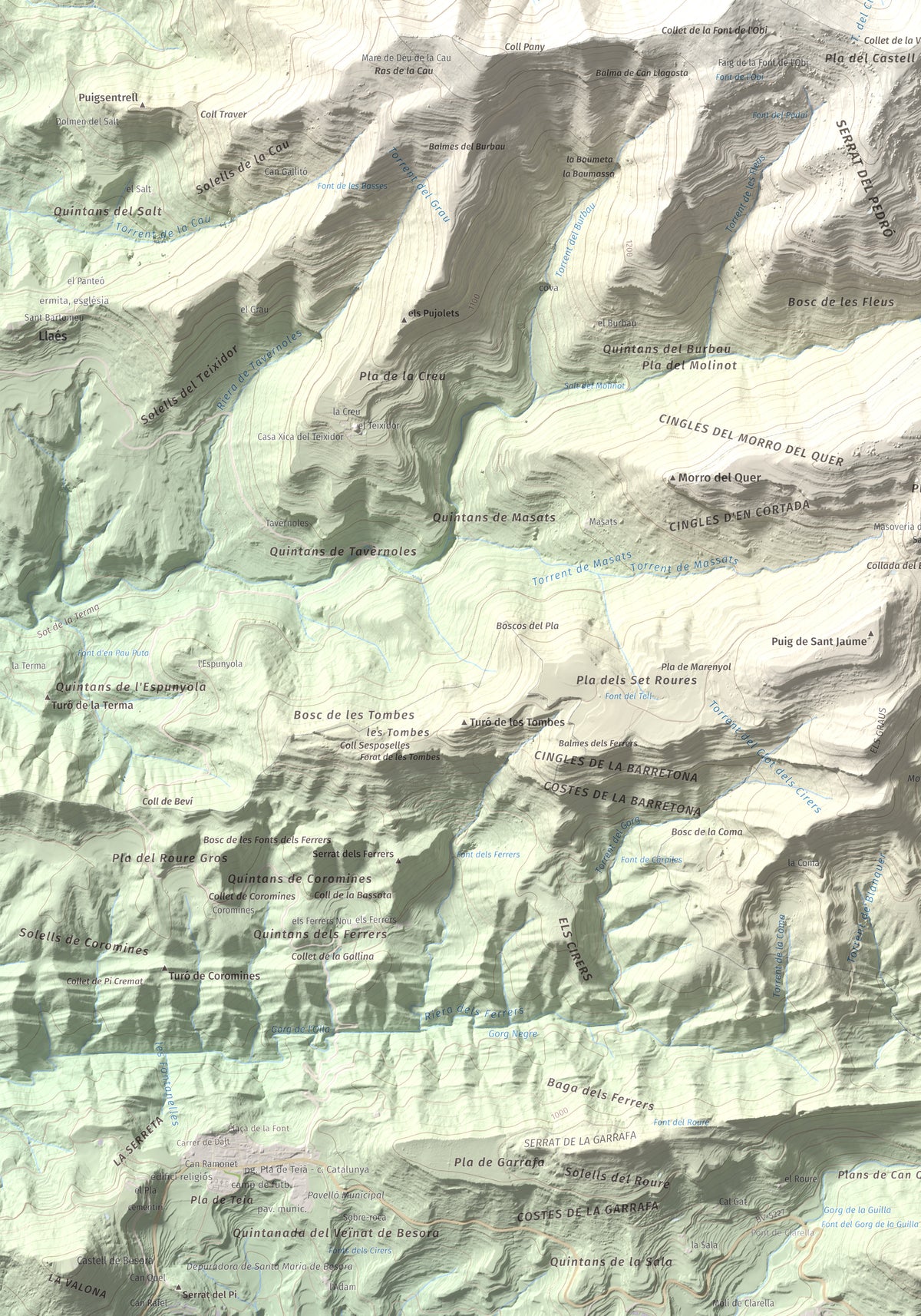 Mapa de relieve de Castell de Milany, 1529 m, Osona · Ripollès, lámina 100 Cims de Trobart. Detalle de la zona inferior izquierda. 70 × 100 cm.