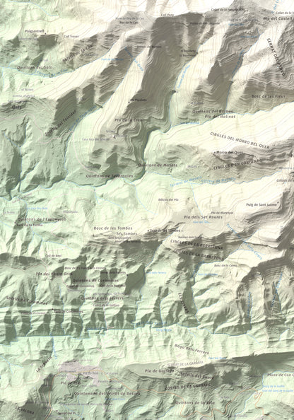 Mapa de relieve de Castell de Milany, 1529 m, Osona · Ripollès, lámina 100 Cims de Trobart. Detalle de la zona inferior izquierda. 70 × 100 cm.