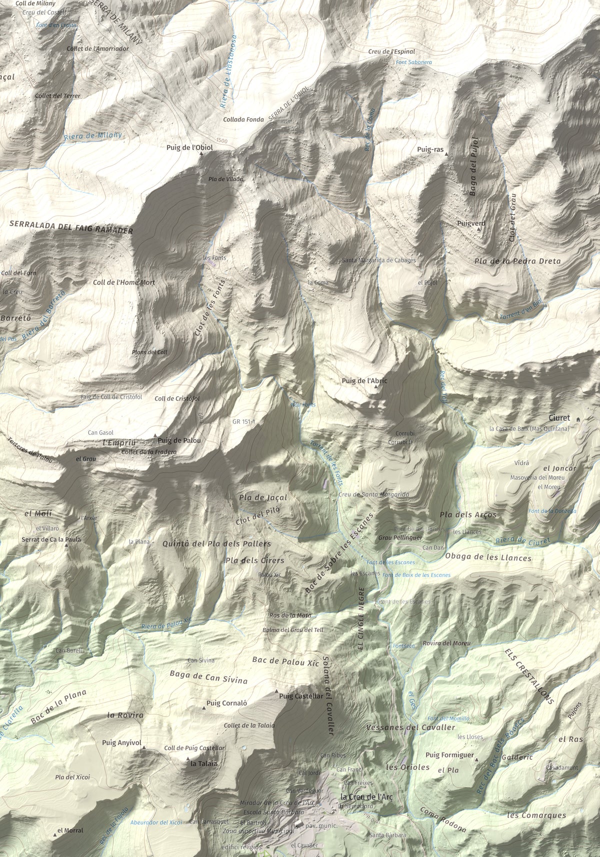Mapa de relieve de Castell de Milany, 1529 m, Osona · Ripollès, lámina 100 Cims de Trobart. Detalle de la zona inferior derecha. 70 × 100 cm.