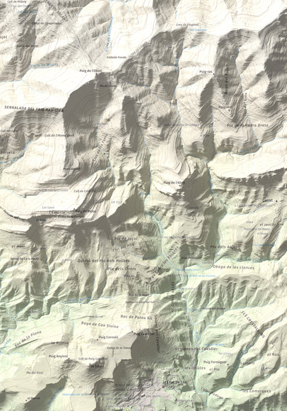 Mapa de relieve de Castell de Milany, 1529 m, Osona · Ripollès, lámina 100 Cims de Trobart. Detalle de la zona inferior derecha. 70 × 100 cm.