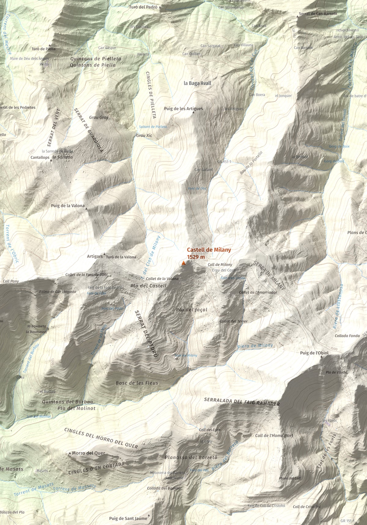 Mapa de relieve de Castell de Milany, 1529 m, Osona · Ripollès, lámina 100 Cims de Trobart. Detalle de la zona central. 70 × 100 cm.