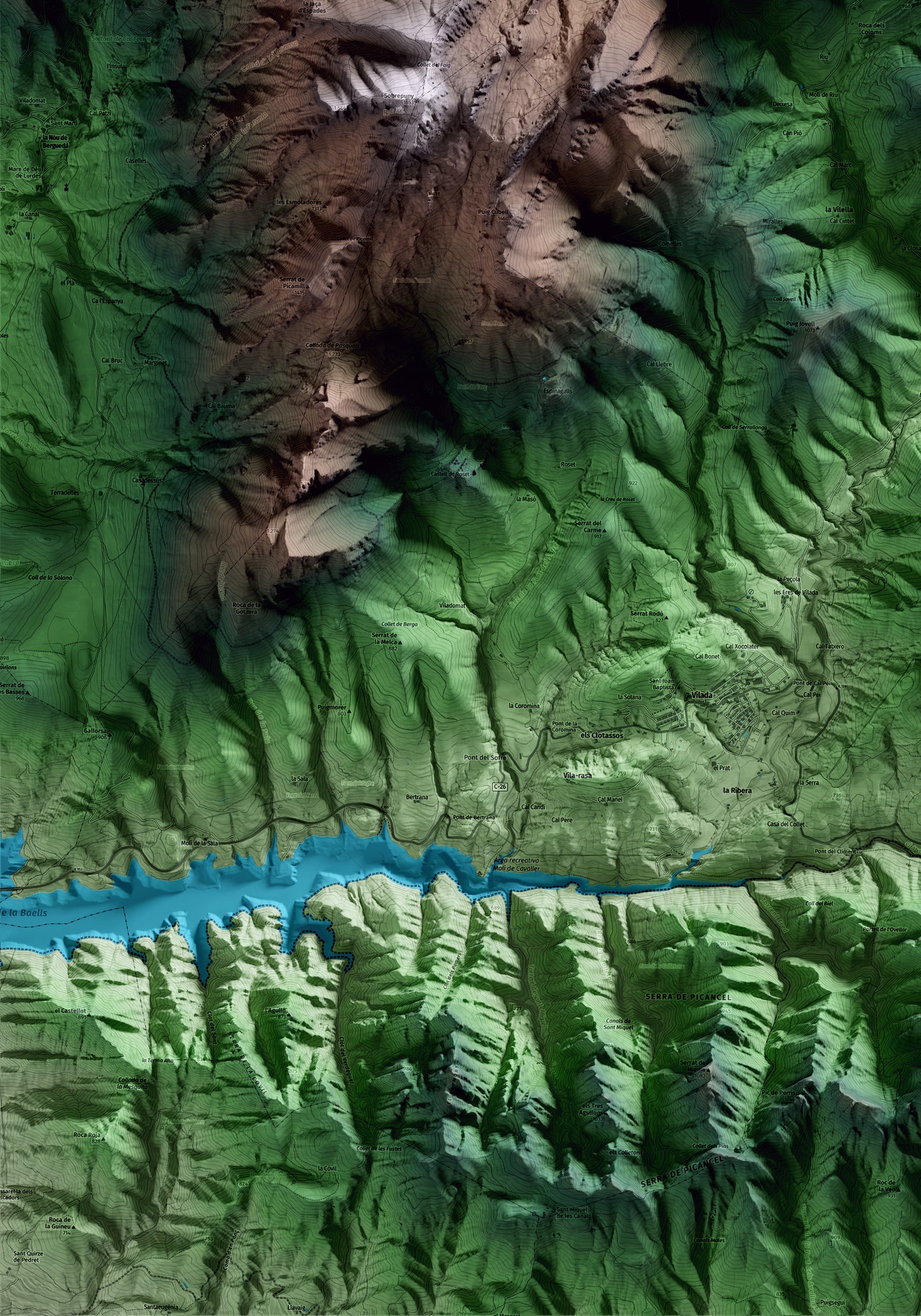 Mapa artístico del relieve de Castell de l'Areny, al Berguedà, con 15 km de entorno y base topográfica ICGC. Detalle de la zona inferior izquierda.