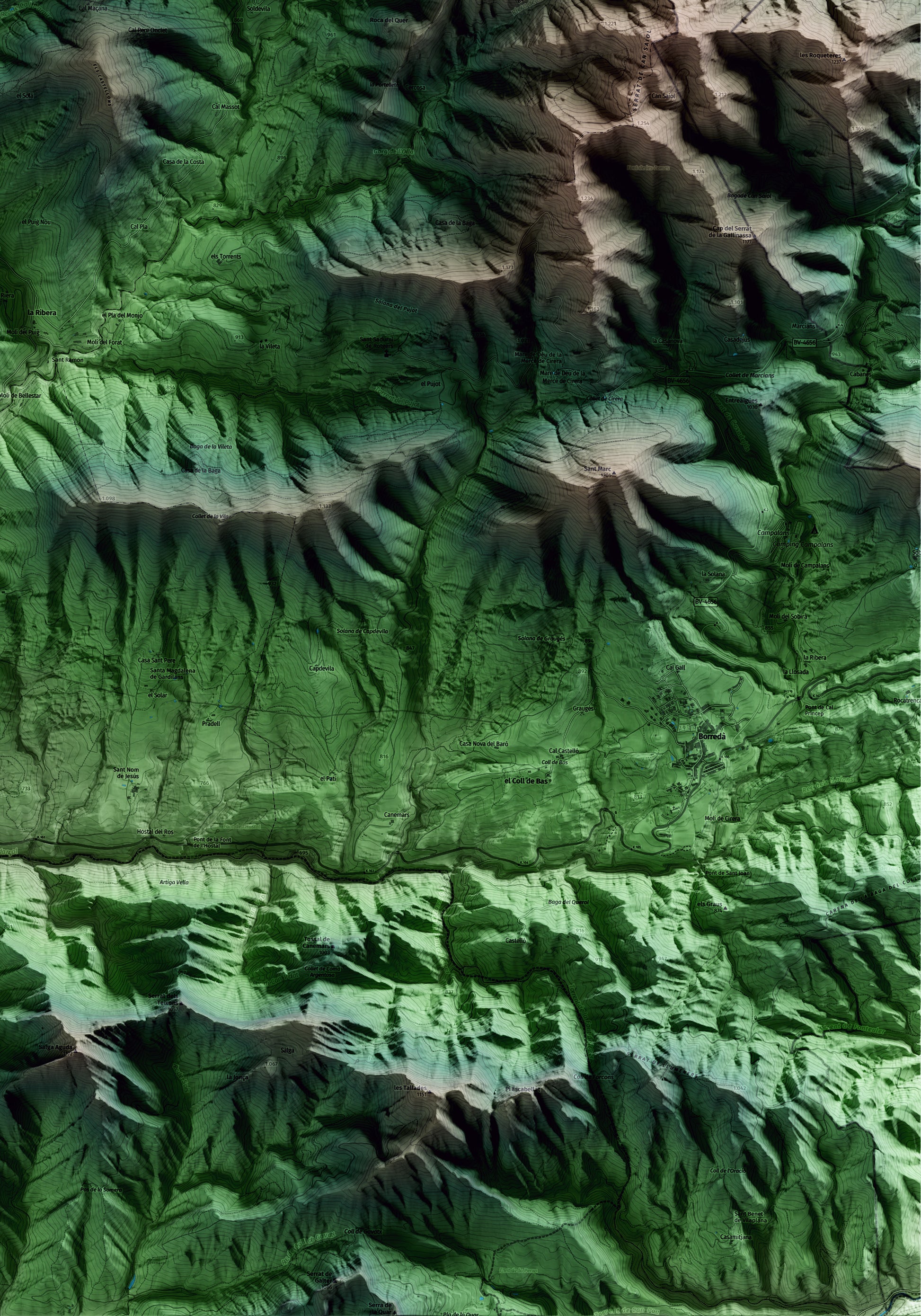 Mapa artístico del relieve de Castell de l'Areny, al Berguedà, con 15 km de entorno y base topográfica ICGC. Detalle de la zona inferior derecha.