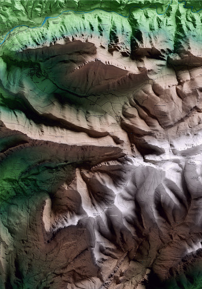 Mapa artístico del relieve de Castell de l'Areny, al Berguedà, con 15 km de entorno y base topográfica ICGC. Detalle de la zona superior izquierda.