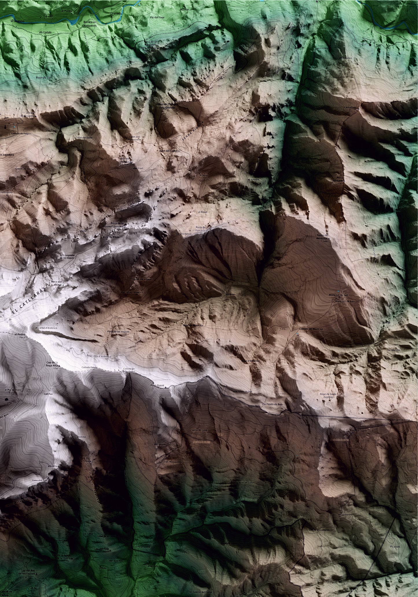 Mapa artístico del relieve de Castell de l'Areny, al Berguedà, con 15 km de entorno y base topográfica ICGC. Detalle de la zona superior derecha.