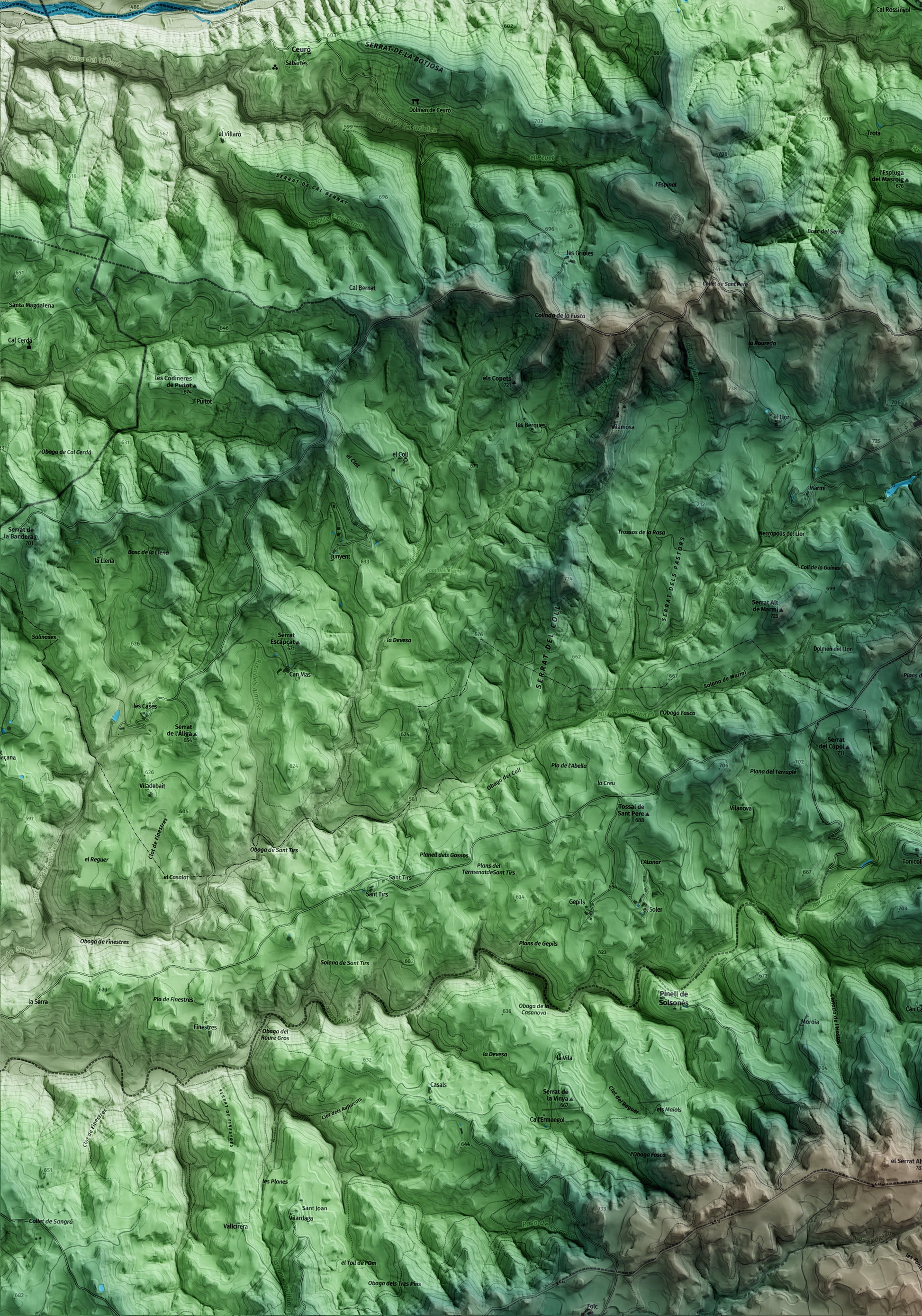 Mapa artístico del relieve de Castellar de la Ribera, al Solsonès, con 15 km de entorno y base topográfica ICGC. Detalle de la zona inferior izquierda.