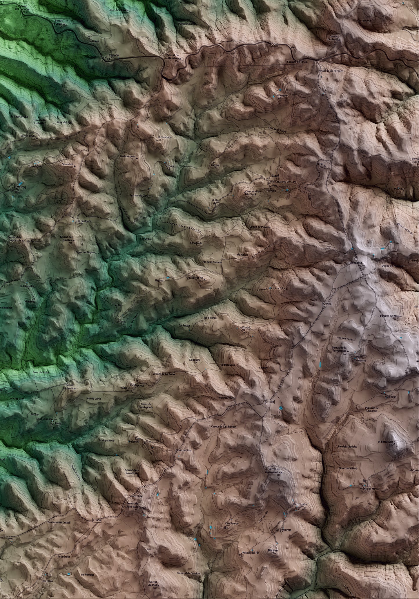 Mapa artístico del relieve de Castellar de la Ribera, al Solsonès, con 15 km de entorno y base topográfica ICGC. Detalle de la zona inferior derecha.