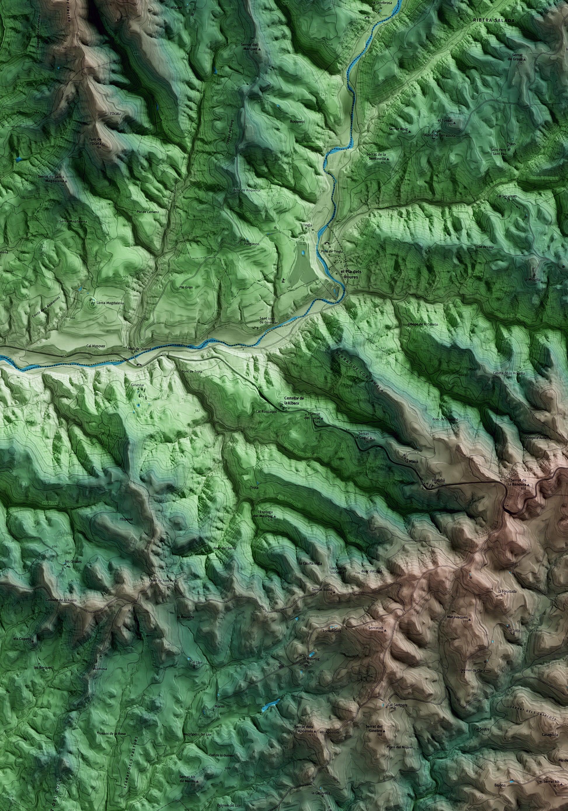 Mapa artístico del relieve de Castellar de la Ribera, al Solsonès, con 15 km de entorno y base topográfica ICGC. Detalle de la zona central.