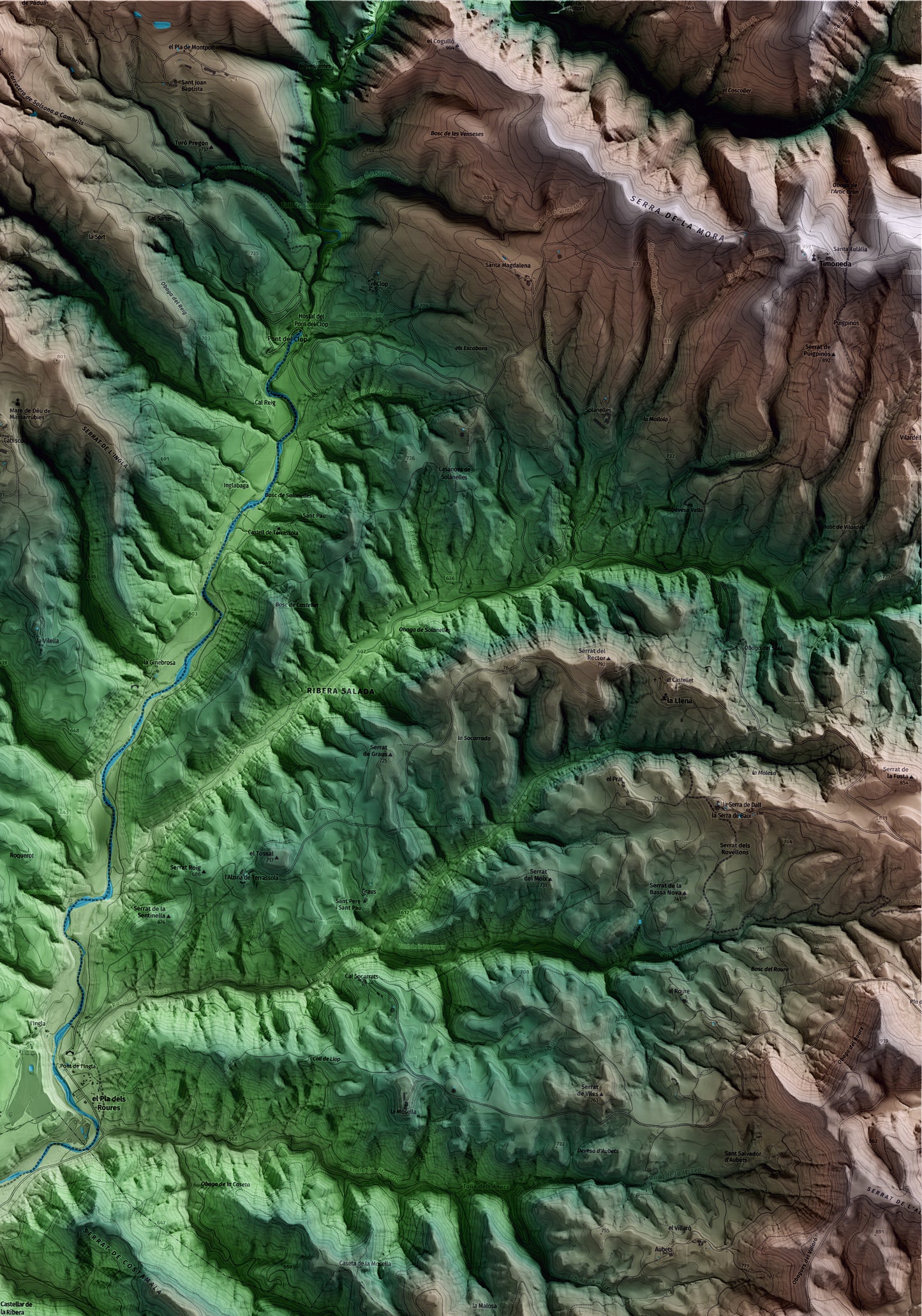 Mapa artístico del relieve de Castellar de la Ribera, al Solsonès, con 15 km de entorno y base topográfica ICGC. Detalle de la zona superior derecha.