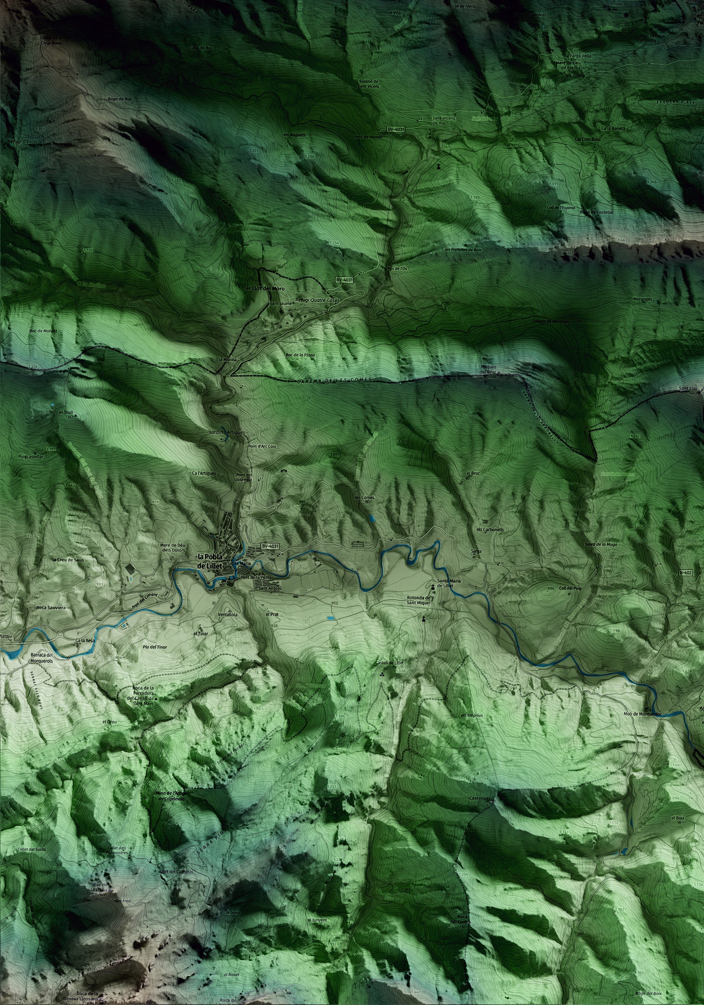 Mapa artístico del relieve de Castellar de n'Hug, al Berguedà, con 15 km de entorno y base topográfica ICGC. Detalle de la zona inferior izquierda.