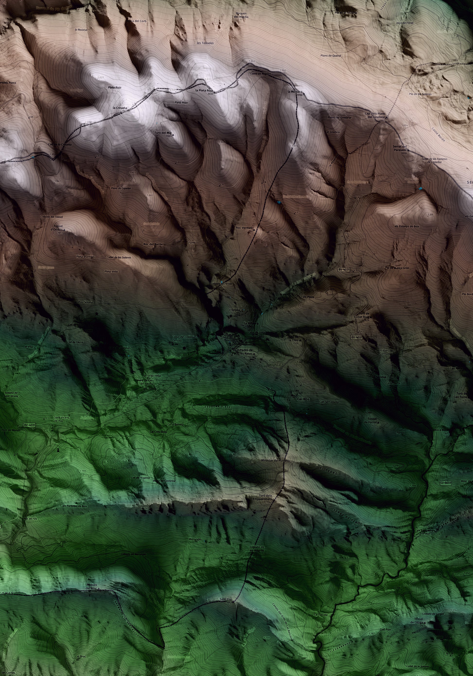 Mapa artístico del relieve de Castellar de n'Hug, al Berguedà, con 15 km de entorno y base topográfica ICGC. Detalle de la zona central.