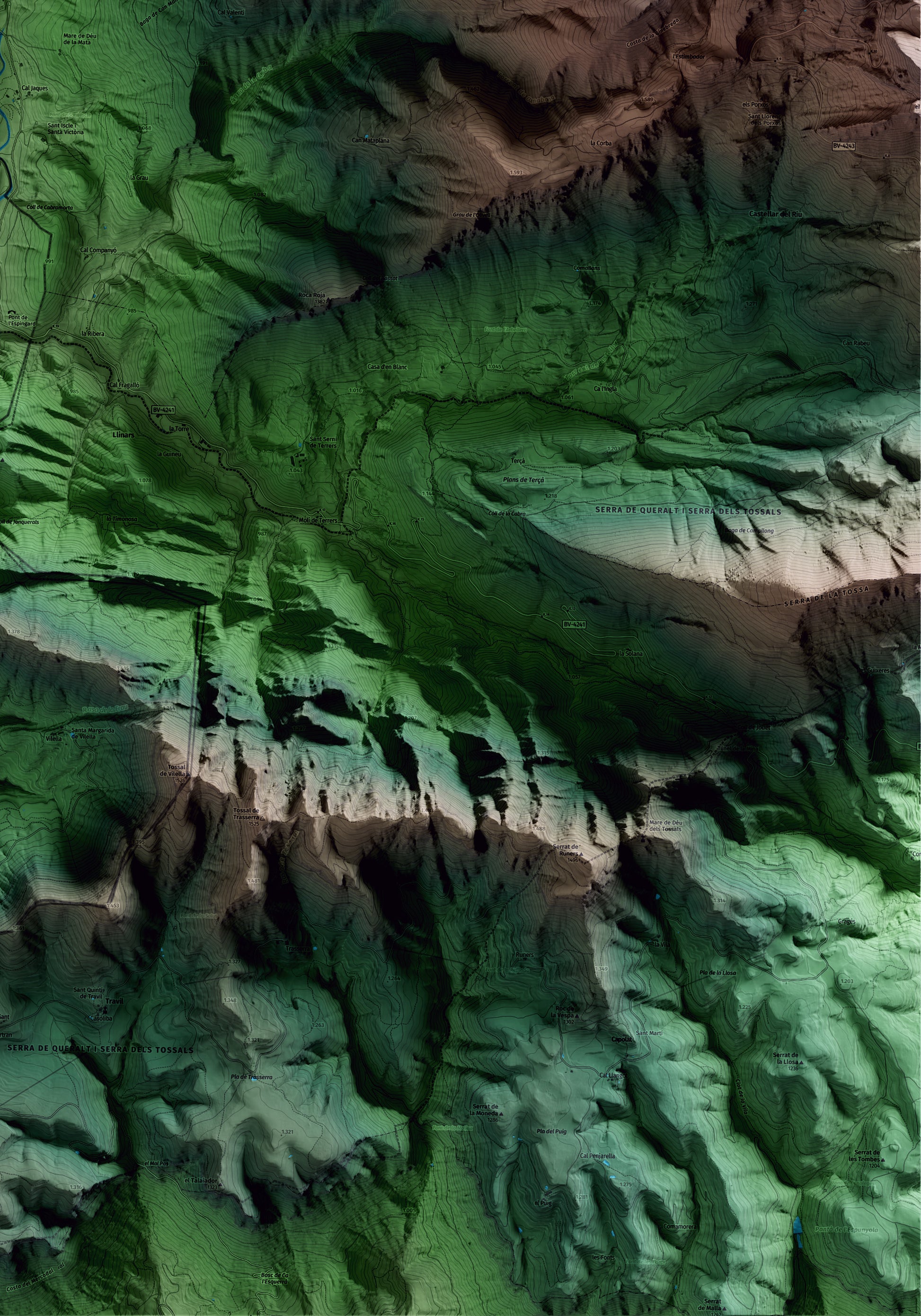 Mapa artístico del relieve de Castellar del Riu, al Berguedà, con 15 km de entorno y base topográfica ICGC. Detalle de la zona inferior derecha.