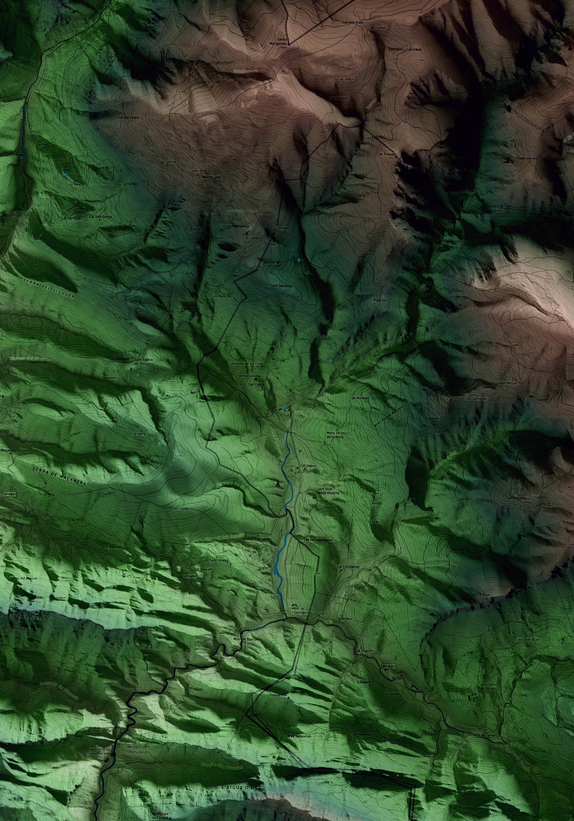 Mapa artístico del relieve de Castellar del Riu, al Berguedà, con 15 km de entorno y base topográfica ICGC. Detalle de la zona central.