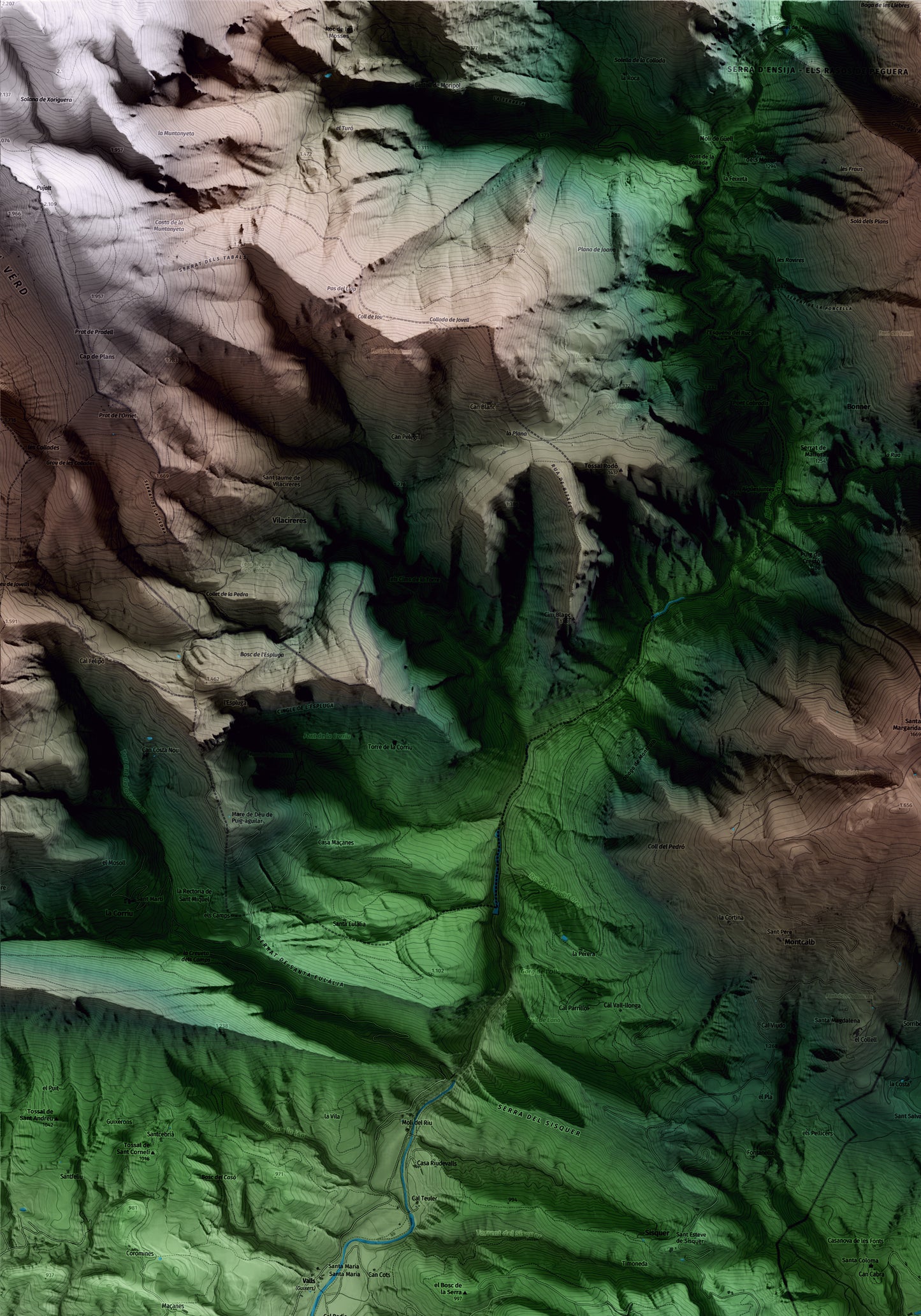Mapa artístico del relieve de Castellar del Riu, al Berguedà, con 15 km de entorno y base topográfica ICGC. Detalle de la zona superior izquierda.