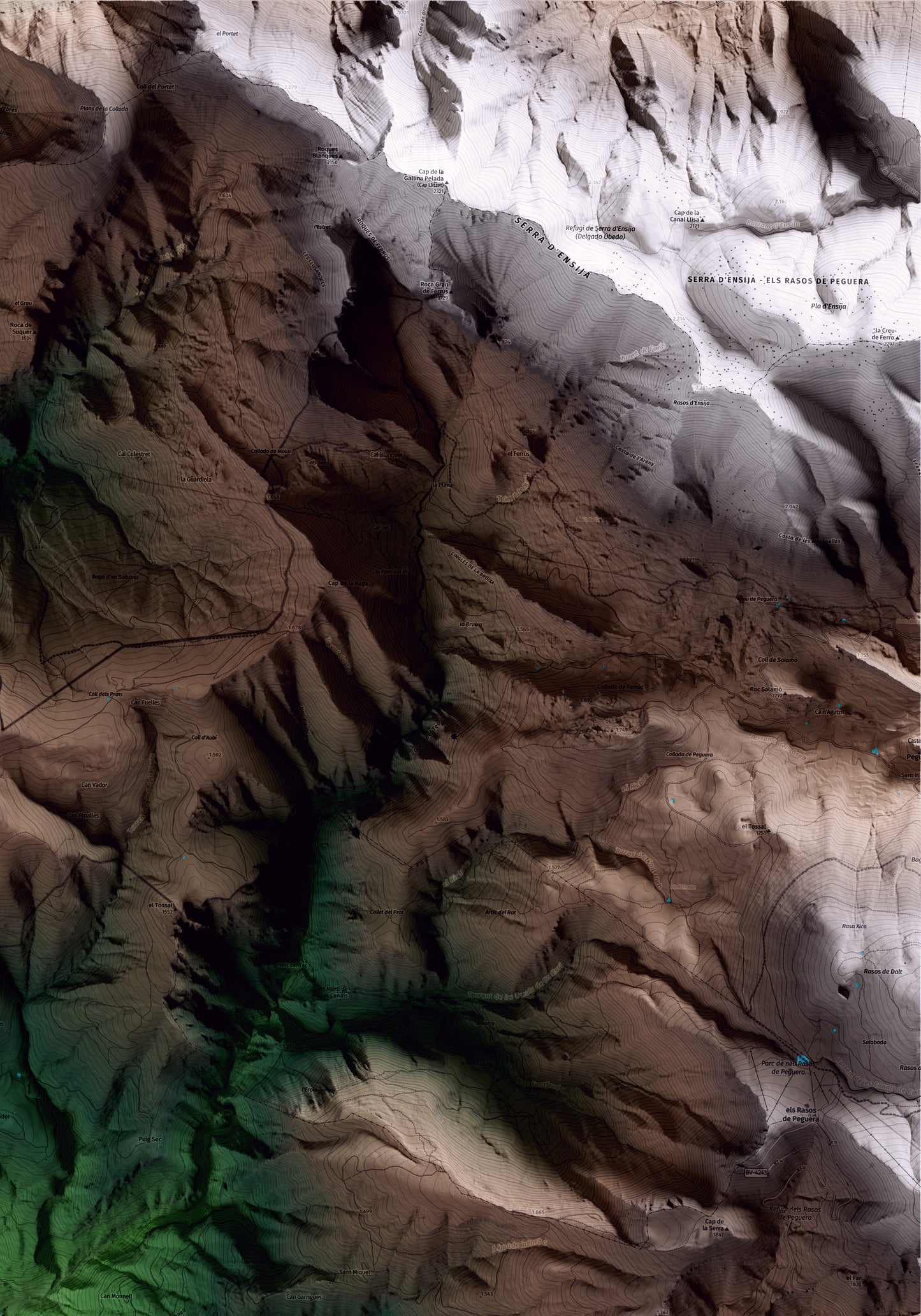 Mapa artístico del relieve de Castellar del Riu, al Berguedà, con 15 km de entorno y base topográfica ICGC. Detalle de la zona superior derecha.