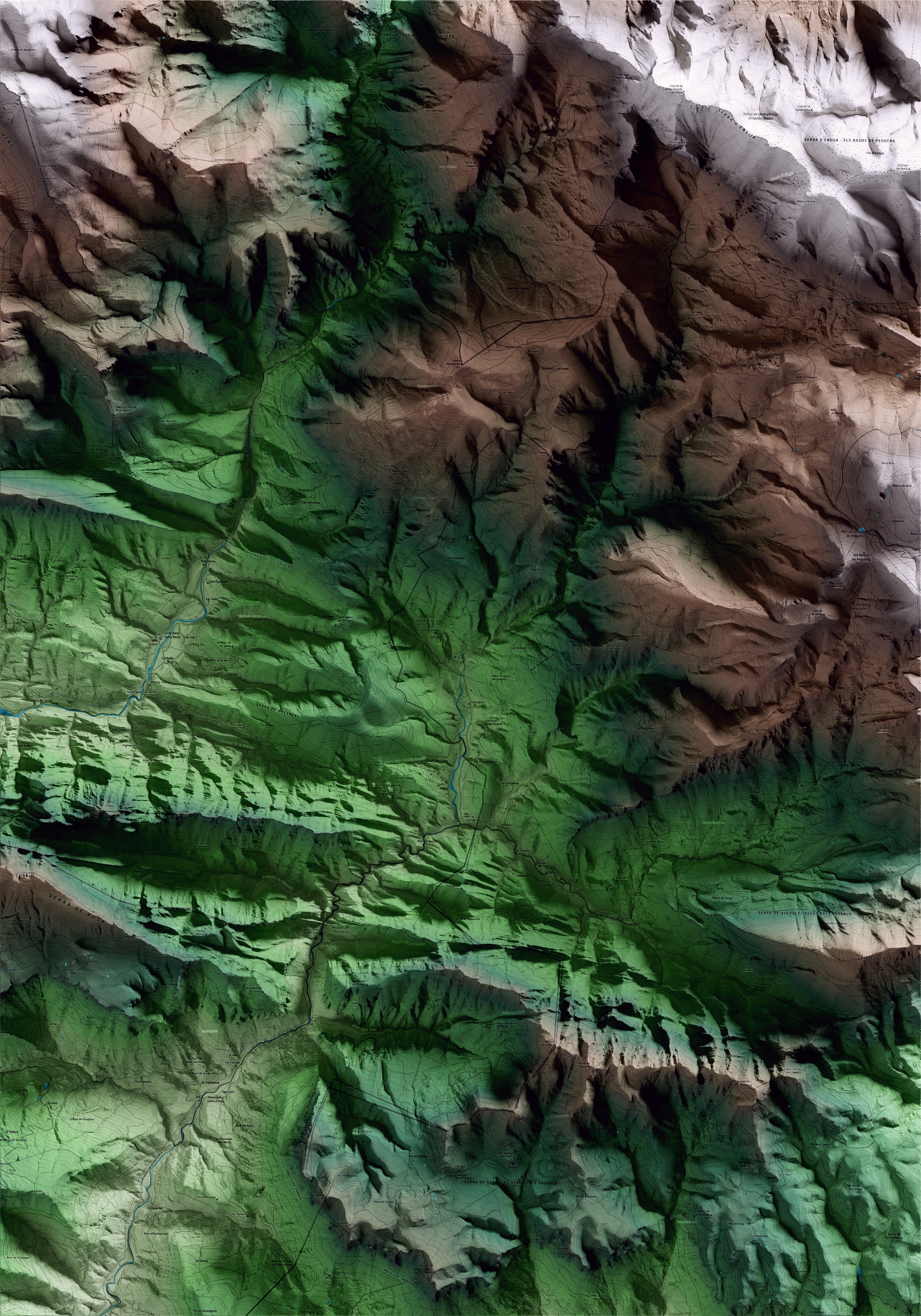 Mapa artístico del relieve de Castellar del Riu, al Berguedà, con 15 km de entorno y base topográfica ICGC