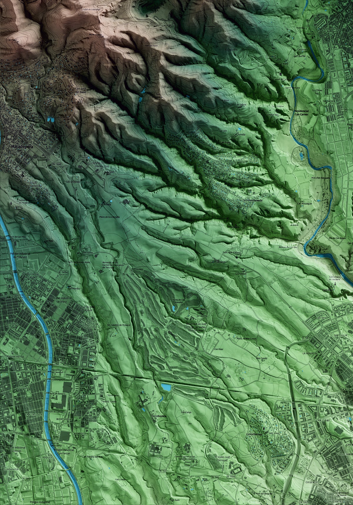 Mapa artístico del relieve de Castellar del Vallès, al Vallès Occidental, con 15 km de entorno y base topográfica ICGC. Detalle de la zona inferior izquierda.