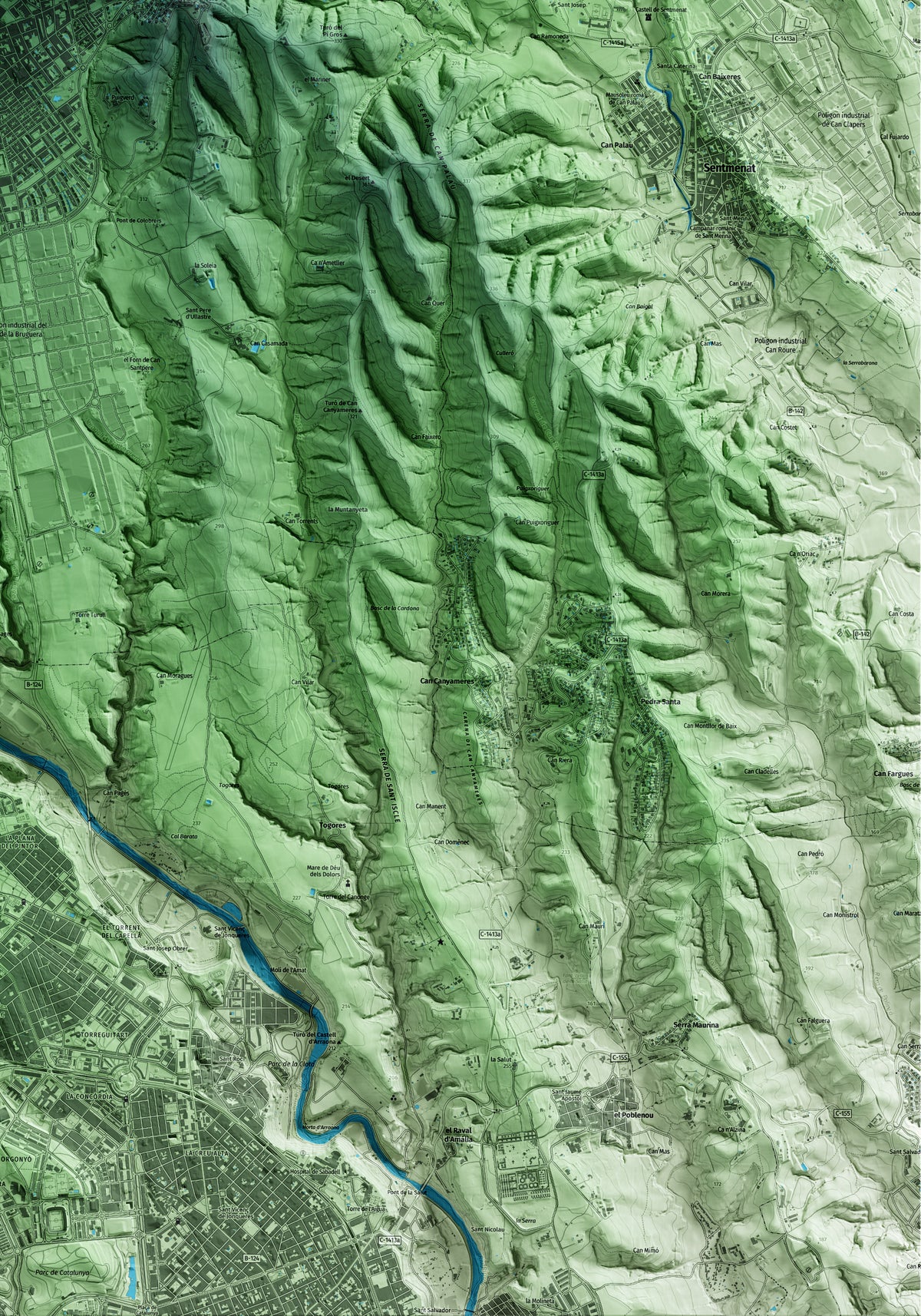 Mapa artístico del relieve de Castellar del Vallès, al Vallès Occidental, con 15 km de entorno y base topográfica ICGC. Detalle de la zona inferior derecha.