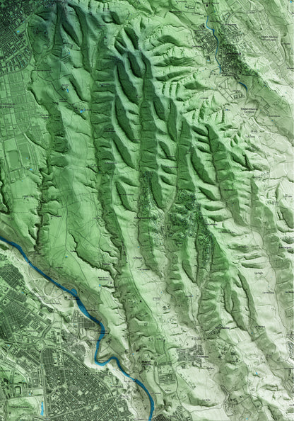 Mapa artístico del relieve de Castellar del Vallès, al Vallès Occidental, con 15 km de entorno y base topográfica ICGC. Detalle de la zona inferior derecha.