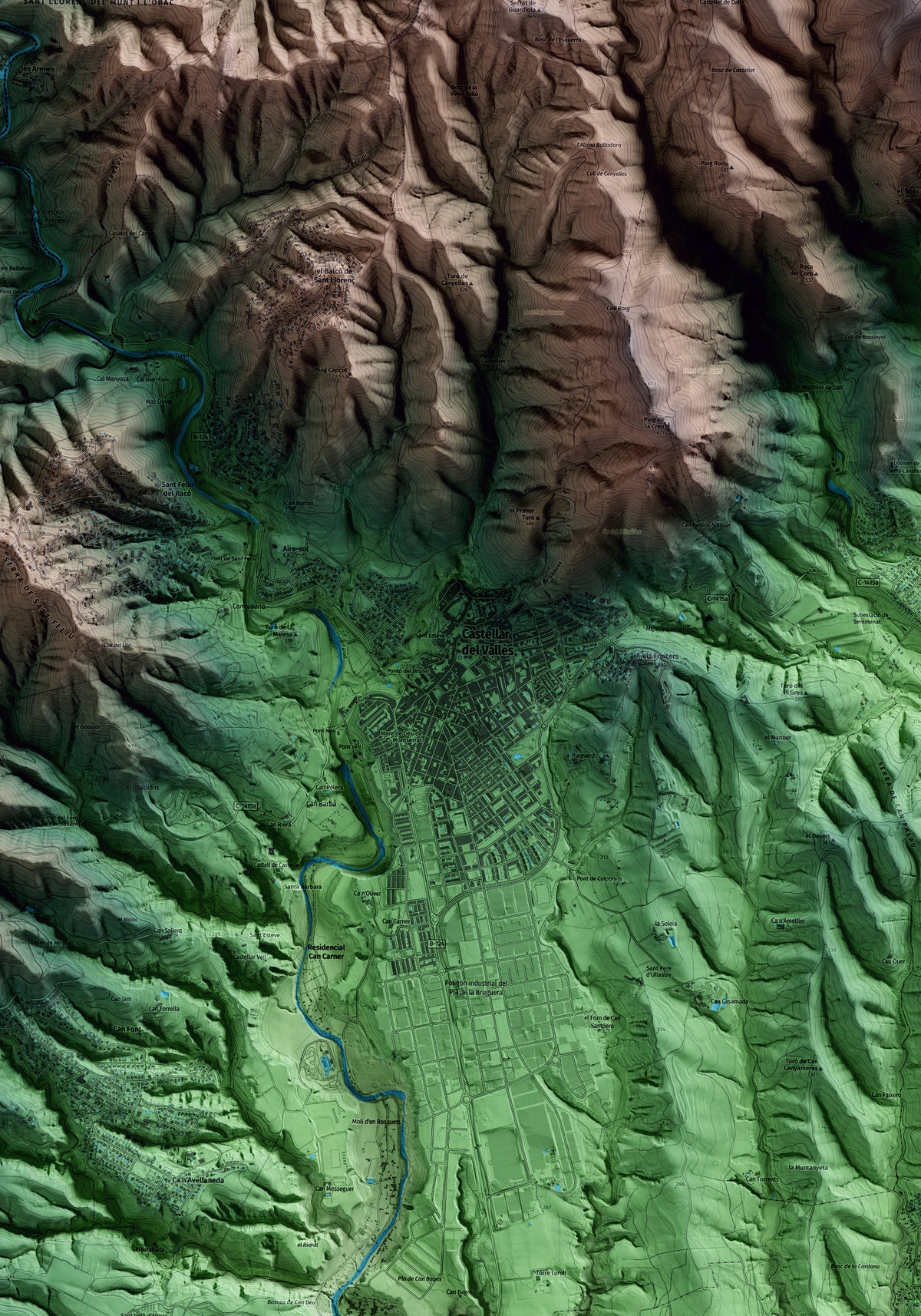 Mapa artístico del relieve de Castellar del Vallès, al Vallès Occidental, con 15 km de entorno y base topográfica ICGC. Detalle de la zona central.