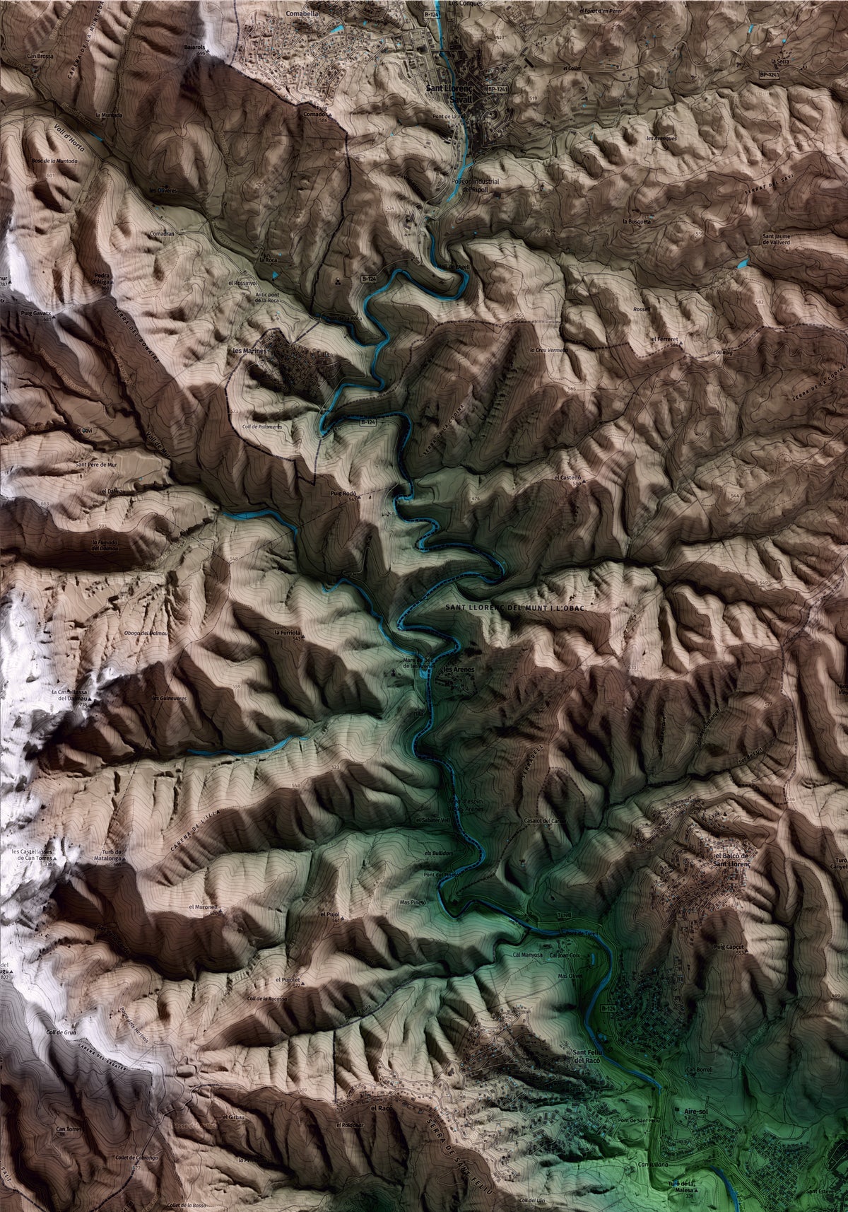 Mapa artístico del relieve de Castellar del Vallès, al Vallès Occidental, con 15 km de entorno y base topográfica ICGC. Detalle de la zona superior izquierda.
