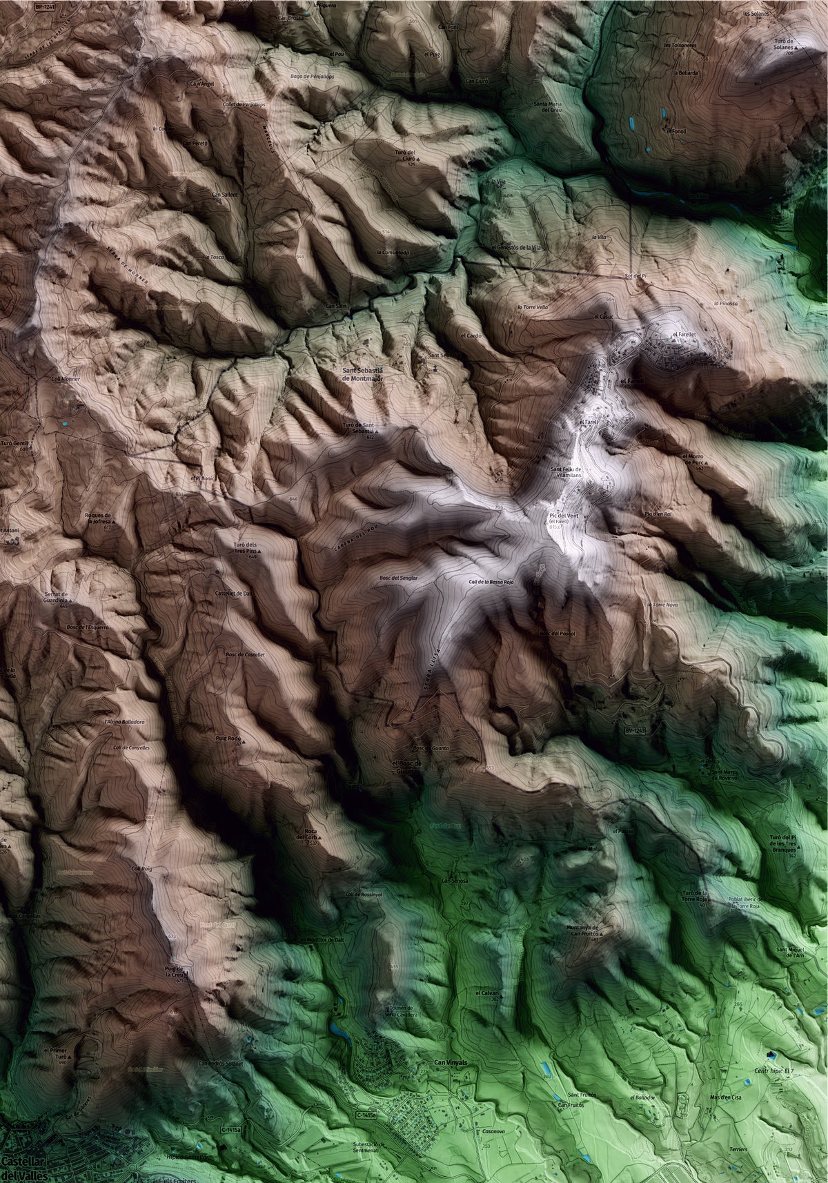 Mapa artístico del relieve de Castellar del Vallès, al Vallès Occidental, con 15 km de entorno y base topográfica ICGC. Detalle de la zona superior derecha.