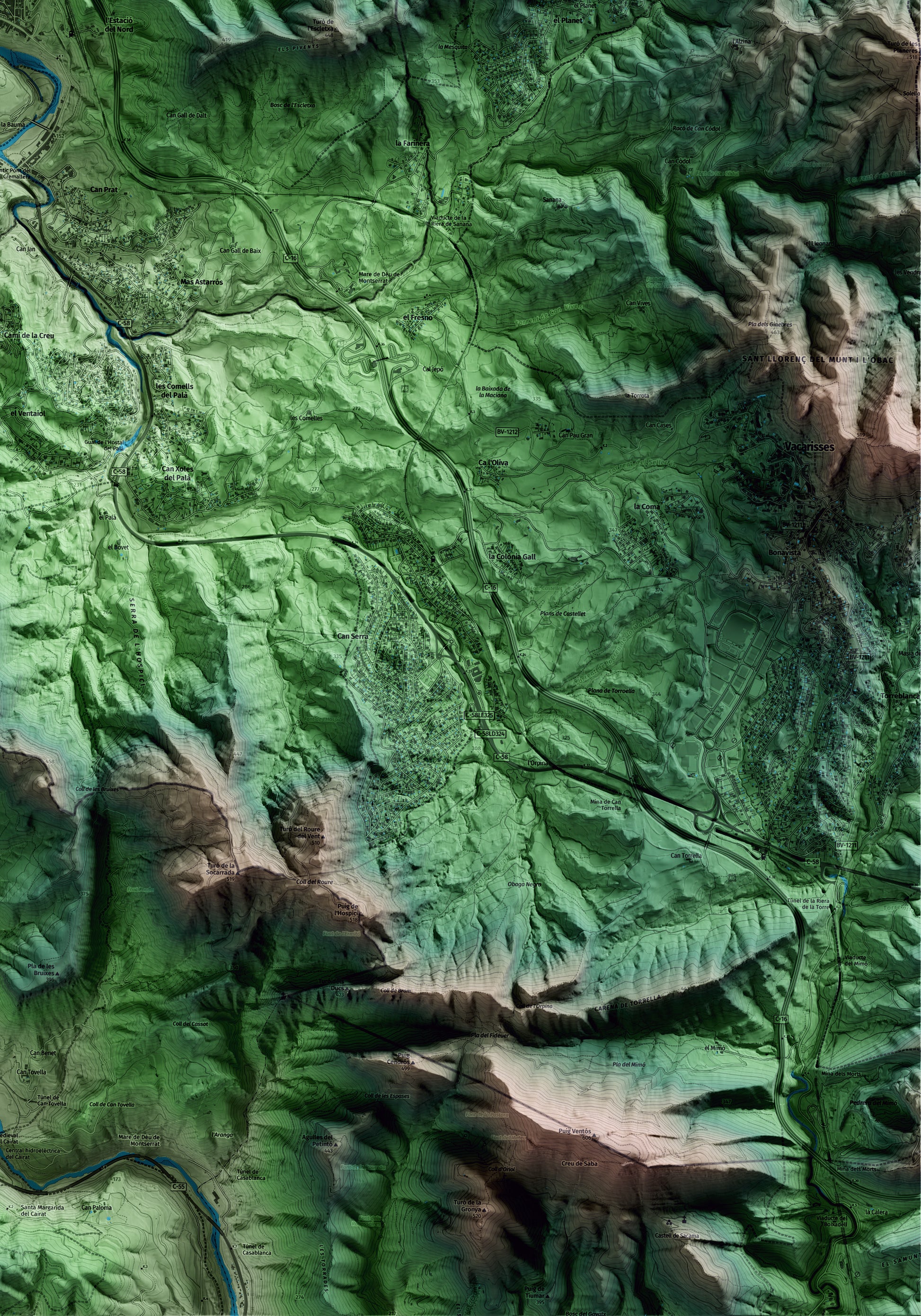 Mapa artístico del relieve de Castellbell i el Vilar, al Bages, con 15 km de entorno y base topográfica ICGC. Detalle de la zona inferior derecha.