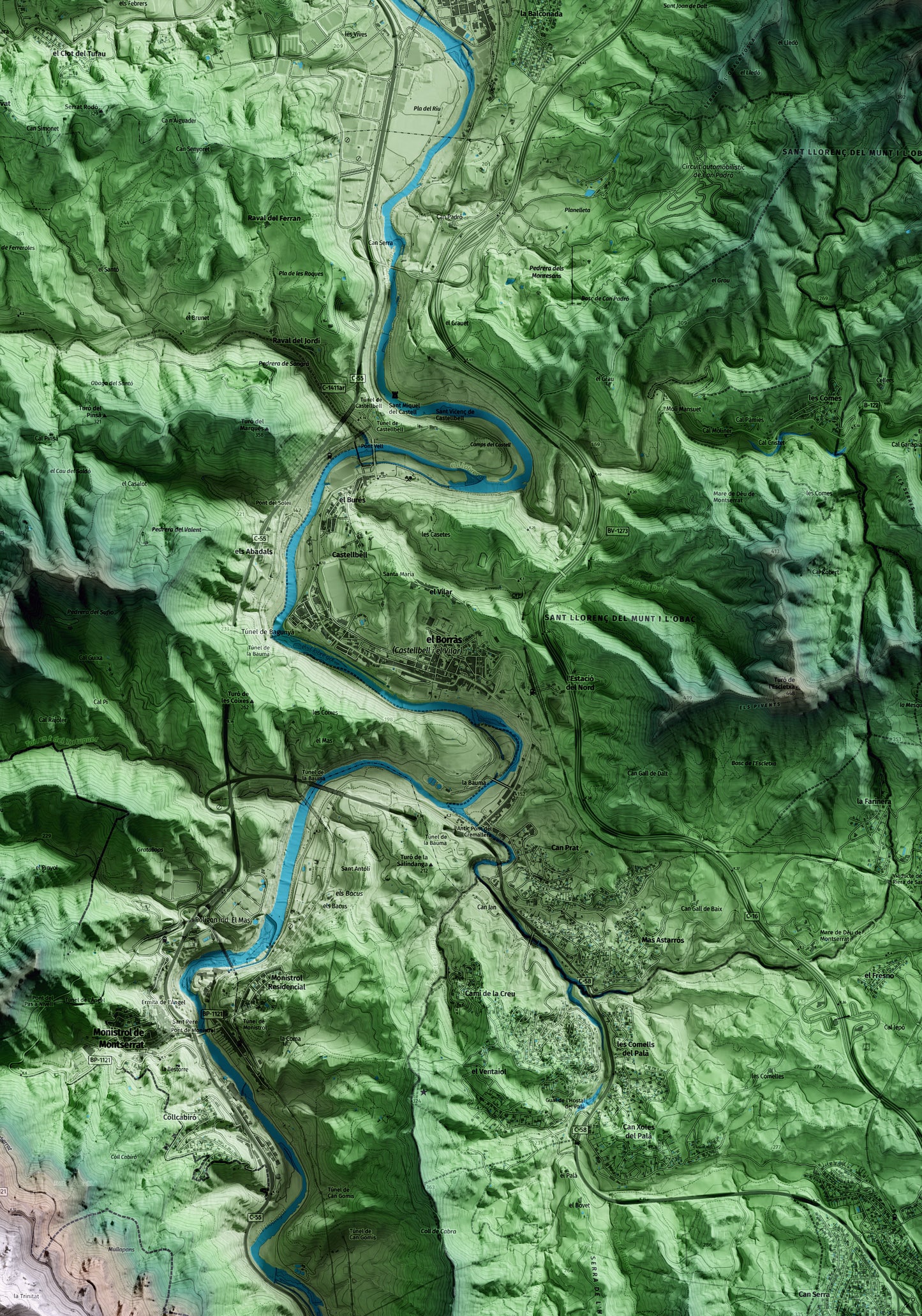 Mapa artístico del relieve de Castellbell i el Vilar, al Bages, con 15 km de entorno y base topográfica ICGC. Detalle de la zona central.