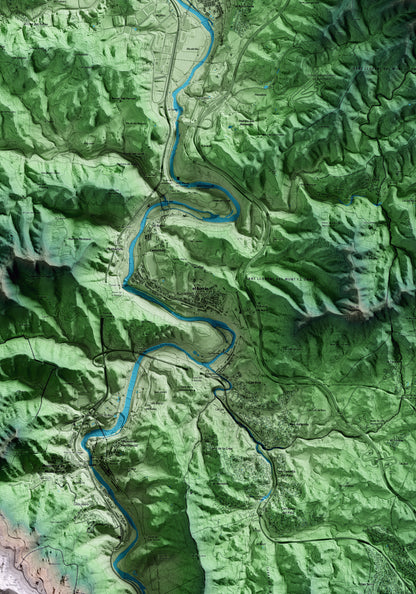 Mapa artístico del relieve de Castellbell i el Vilar, al Bages, con 15 km de entorno y base topográfica ICGC. Detalle de la zona central.