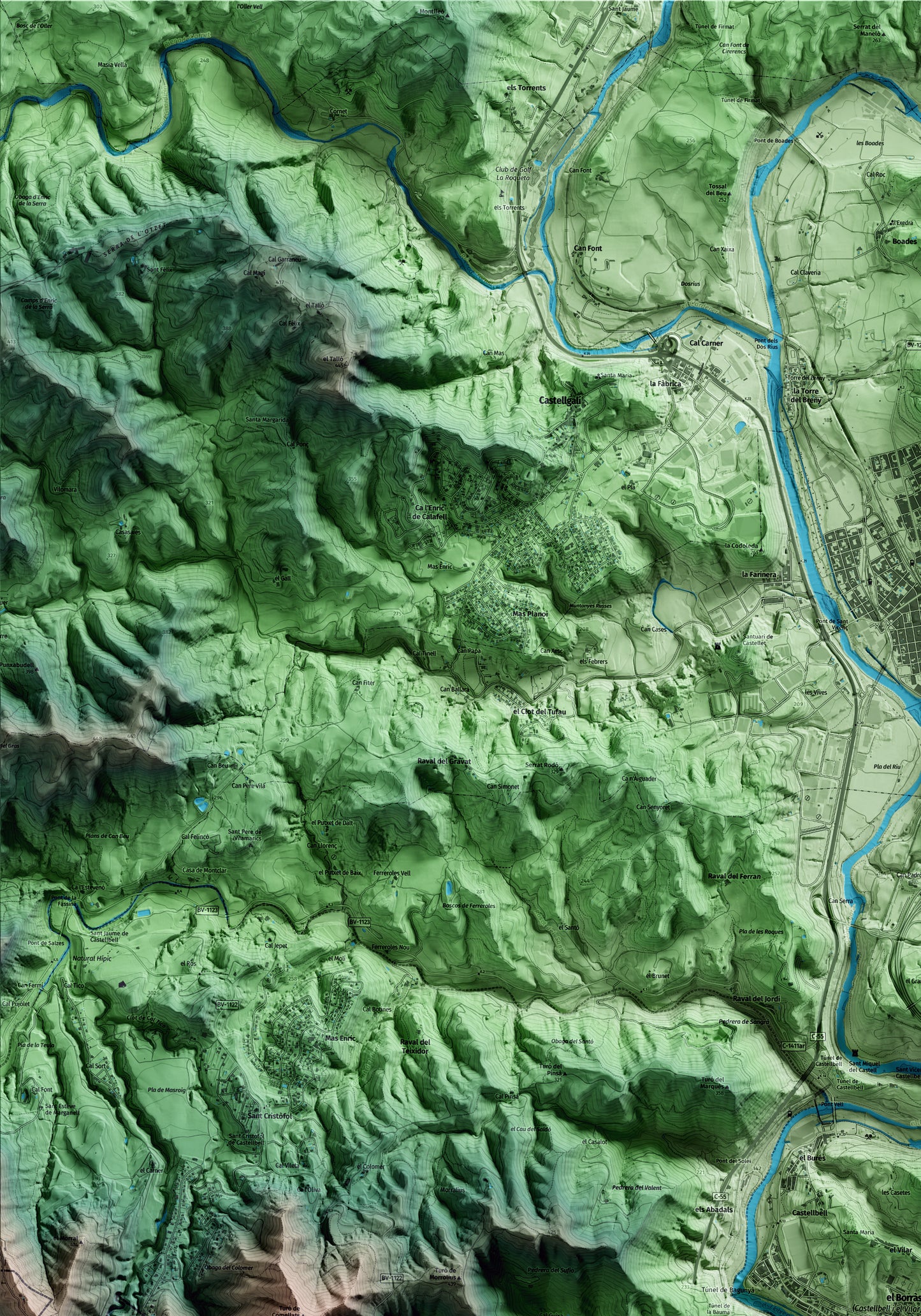 Mapa artístico del relieve de Castellbell i el Vilar, al Bages, con 15 km de entorno y base topográfica ICGC. Detalle de la zona superior izquierda.