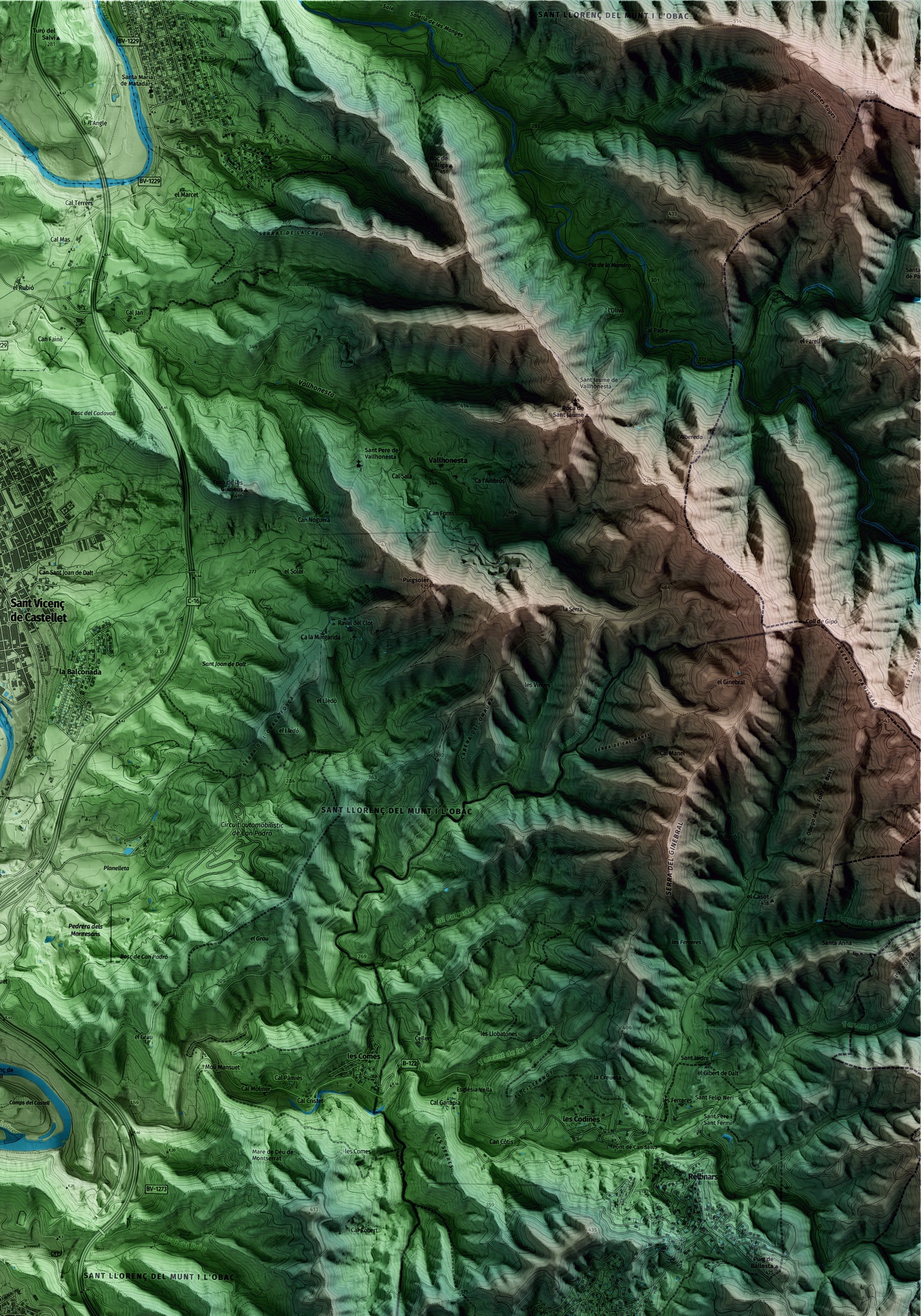 Mapa artístico del relieve de Castellbell i el Vilar, al Bages, con 15 km de entorno y base topográfica ICGC. Detalle de la zona superior derecha.