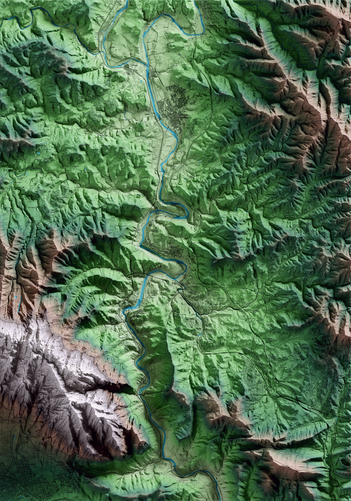 Mapa artístico del relieve de Castellbell i el Vilar, al Bages, con 15 km de entorno y base topográfica ICGC
