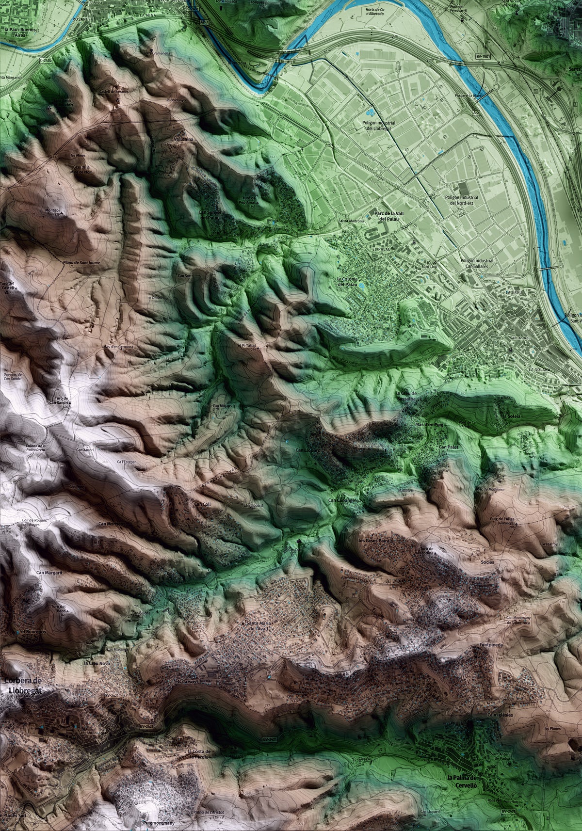 Mapa artístico del relieve de Castellbisbal, al Vallès Occidental, con 15 km de entorno y base topográfica ICGC. Detalle de la zona inferior izquierda.