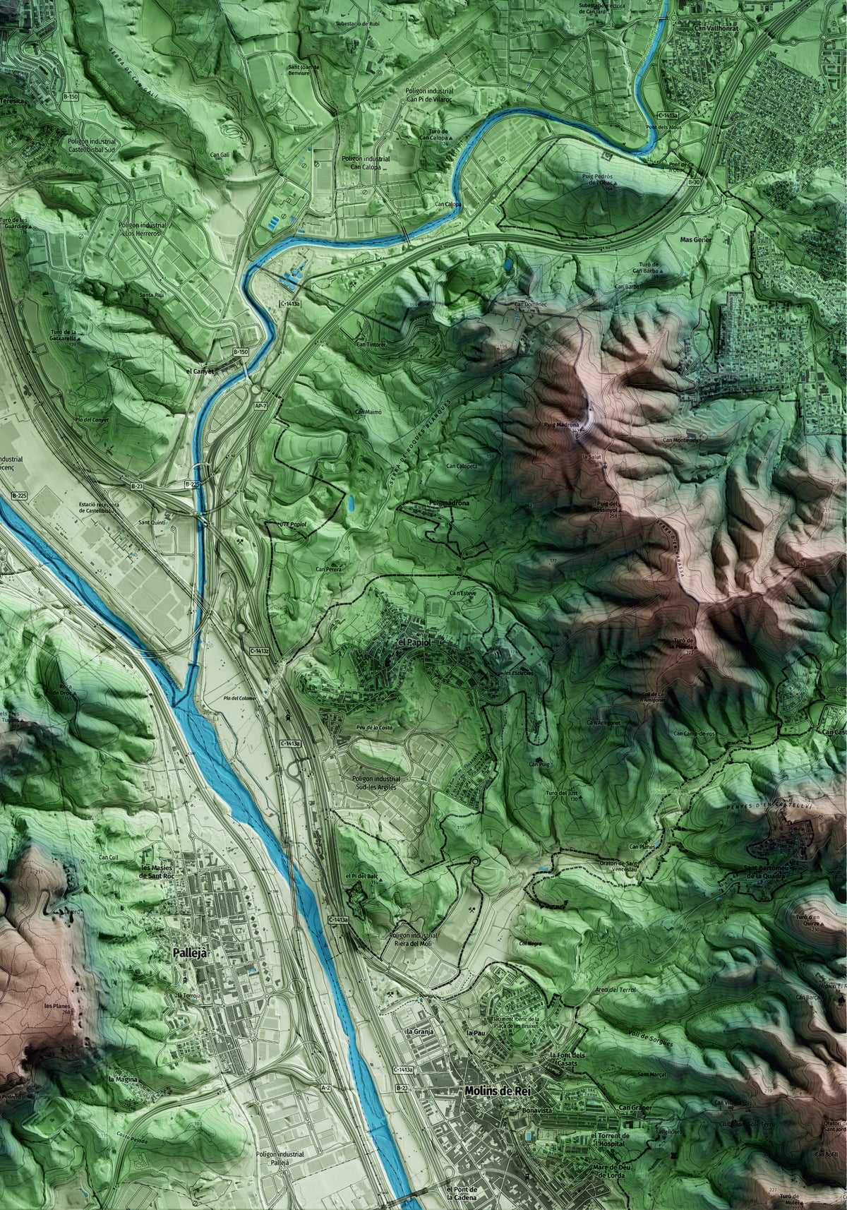 Mapa artístico del relieve de Castellbisbal, al Vallès Occidental, con 15 km de entorno y base topográfica ICGC. Detalle de la zona inferior derecha.