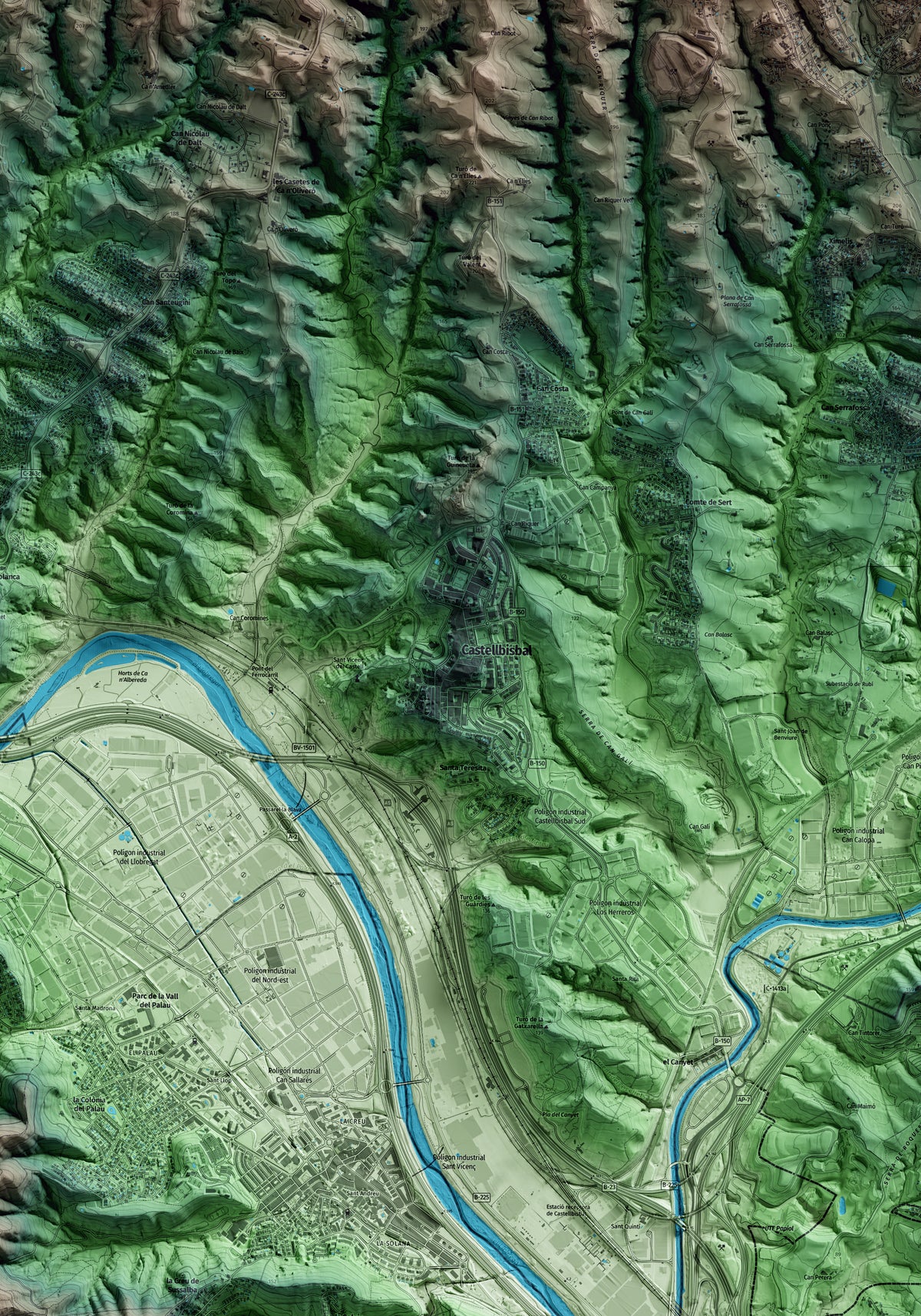 Mapa artístico del relieve de Castellbisbal, al Vallès Occidental, con 15 km de entorno y base topográfica ICGC. Detalle de la zona central.