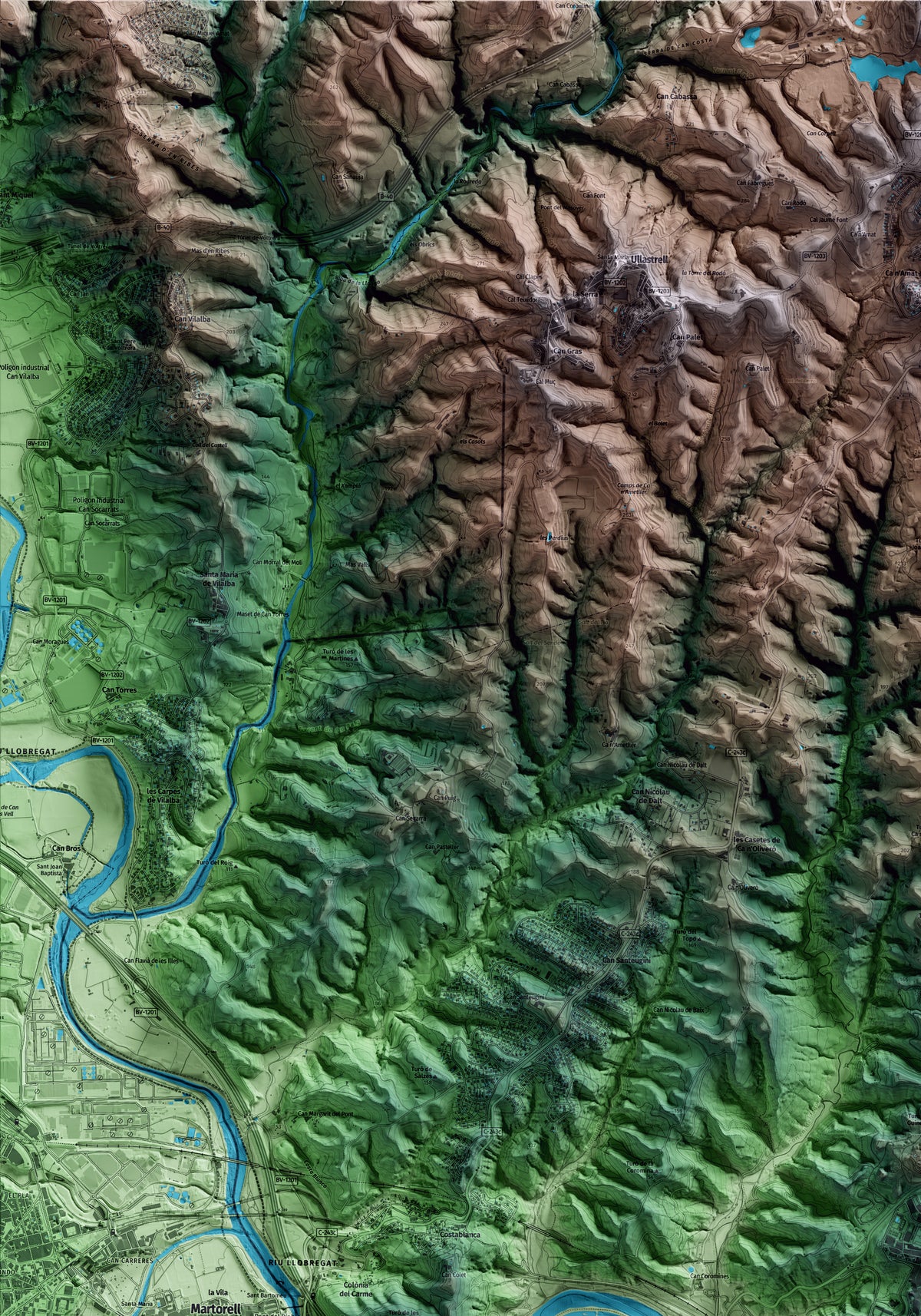 Mapa artístico del relieve de Castellbisbal, al Vallès Occidental, con 15 km de entorno y base topográfica ICGC. Detalle de la zona superior izquierda.
